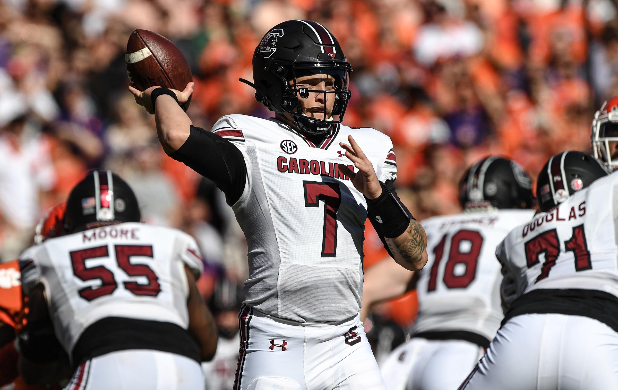 Nov 26, 2022; Clemson, SC, USA; South Carolina quarterback Spencer Rattler (7) passes against Clemson during the first quarter at Memorial Stadium in Clemson, South Carolina on Saturday, Nov. 26, 2022.