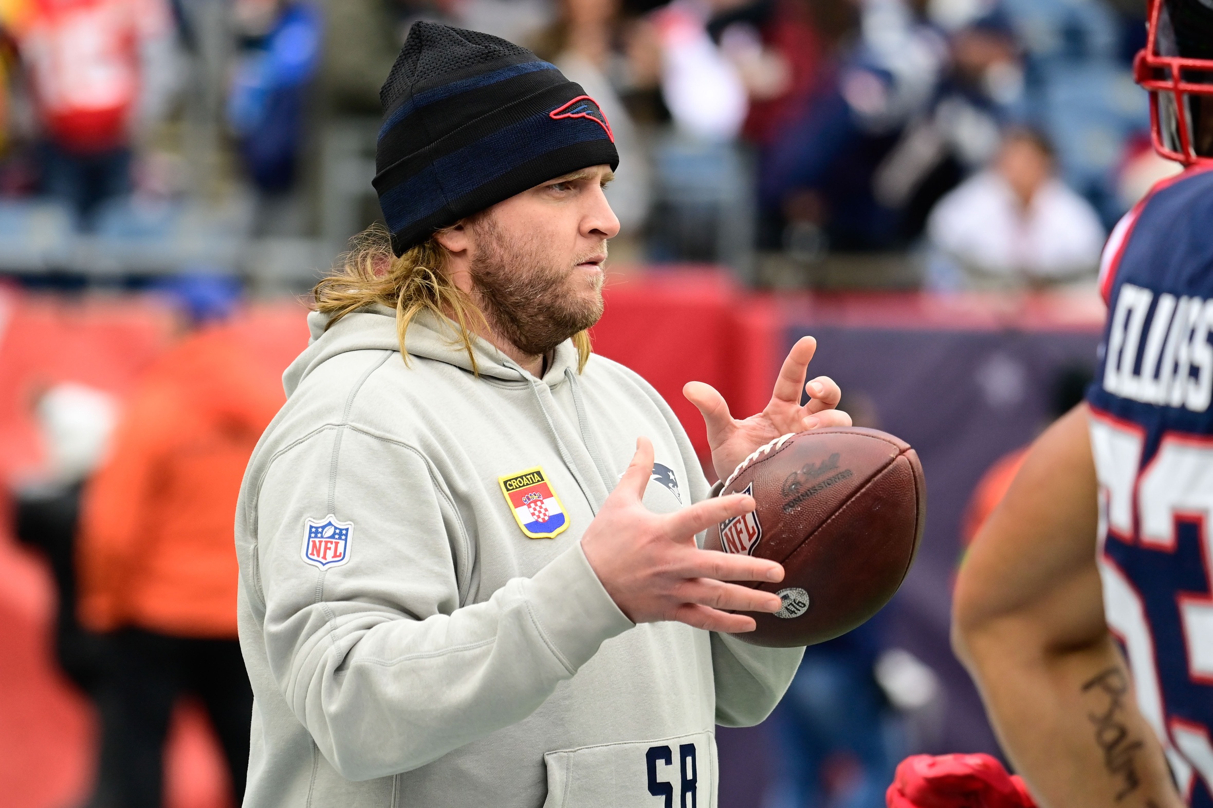 Dec 17, 2023; Foxborough, Massachusetts, USA; New England Patriots linebackers coach Steve Belichick works with the team during warm-ups before a game against the Kansas City Chiefs at Gillette Stadium.