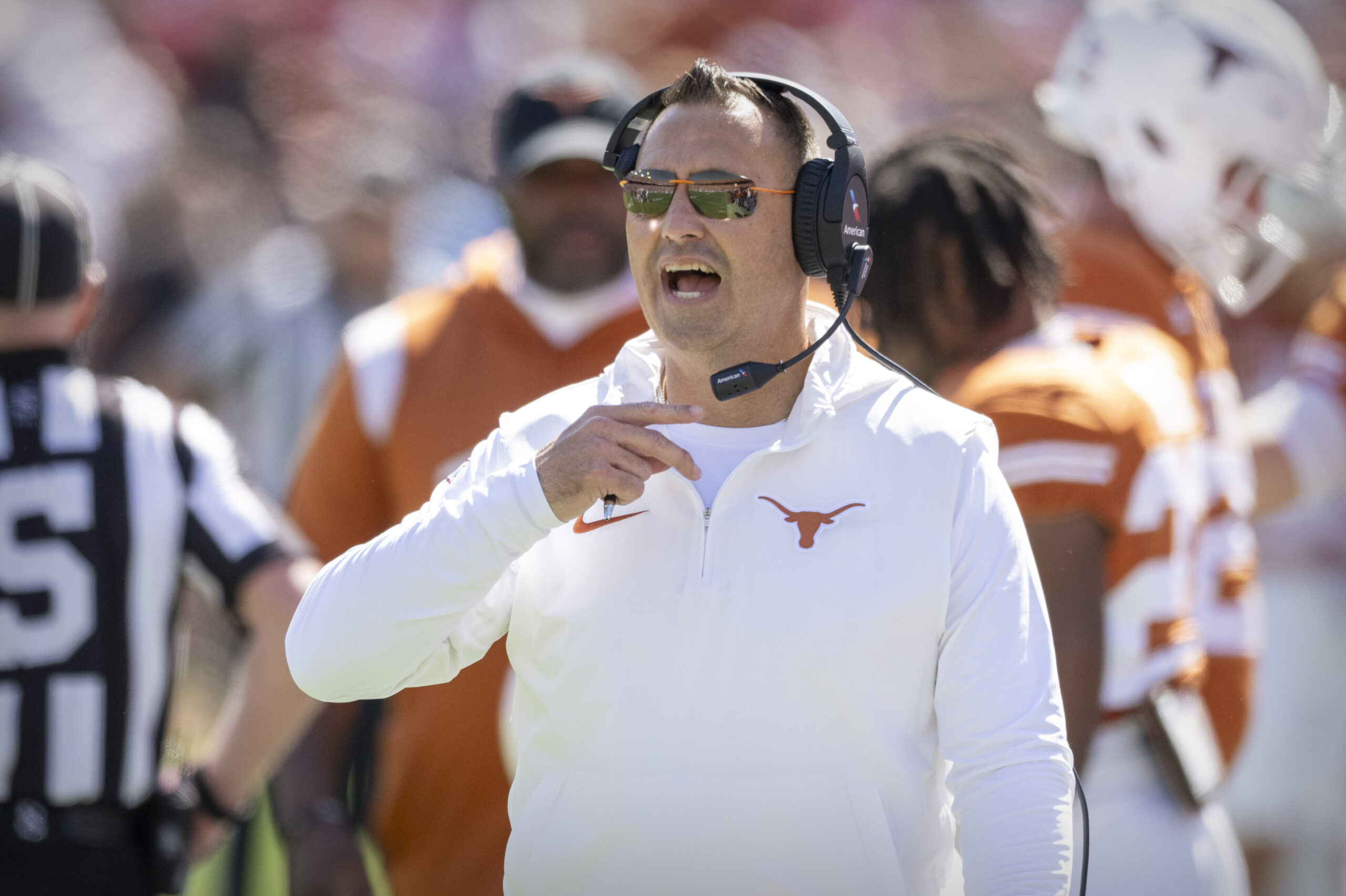 Oct 7, 2023; Dallas, Texas, USA; Texas Longhorns head coach Steve Sarkisian yells to the referees during the first half of the game between the Texas Longhorns and the Oklahoma Sooners at the Cotton Bowl.