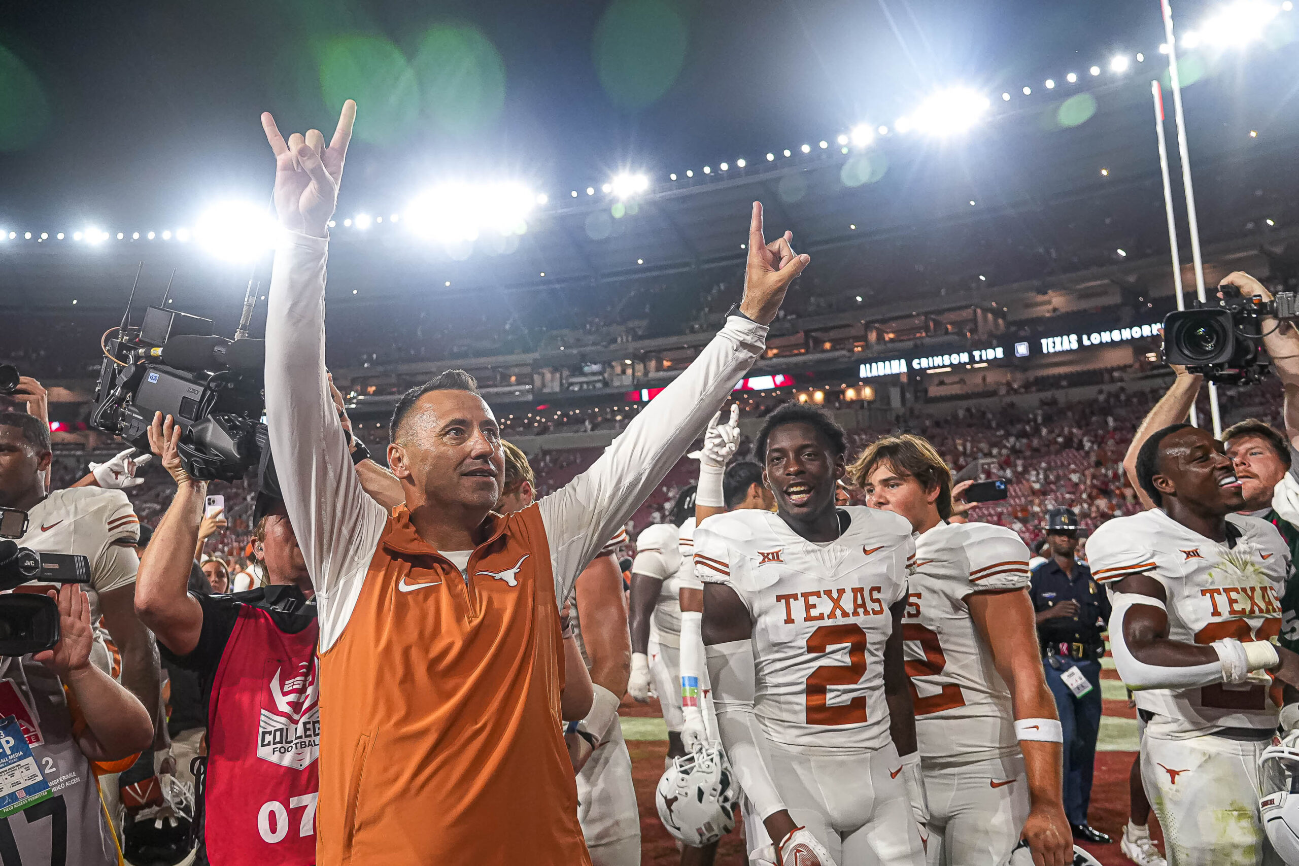 Sep. 9, 2023; Tuscaloosa, Alabama; Texas Longhorns head coach Steve Sarkisian celebrates the 34-24 win over Alabama at Bryant-Denny Stadium on Saturday, Sep. 9, 2023 in Tuscaloosa, Alabama.
