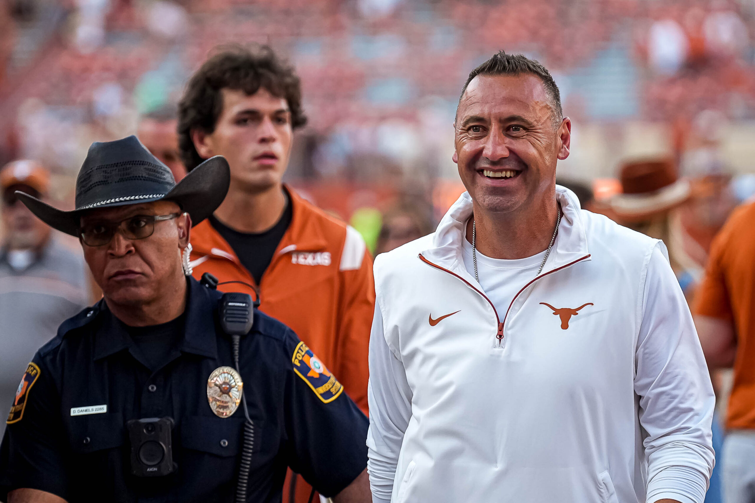 Sep 28, 2024; Austin, Texas, USA; Texas Longhorns head coach Steve Sarkisian leaves the field after the 35-13 victory over the Mississippi State Bulldogs at Darrell K Royal-Texas Memorial Stadium. 