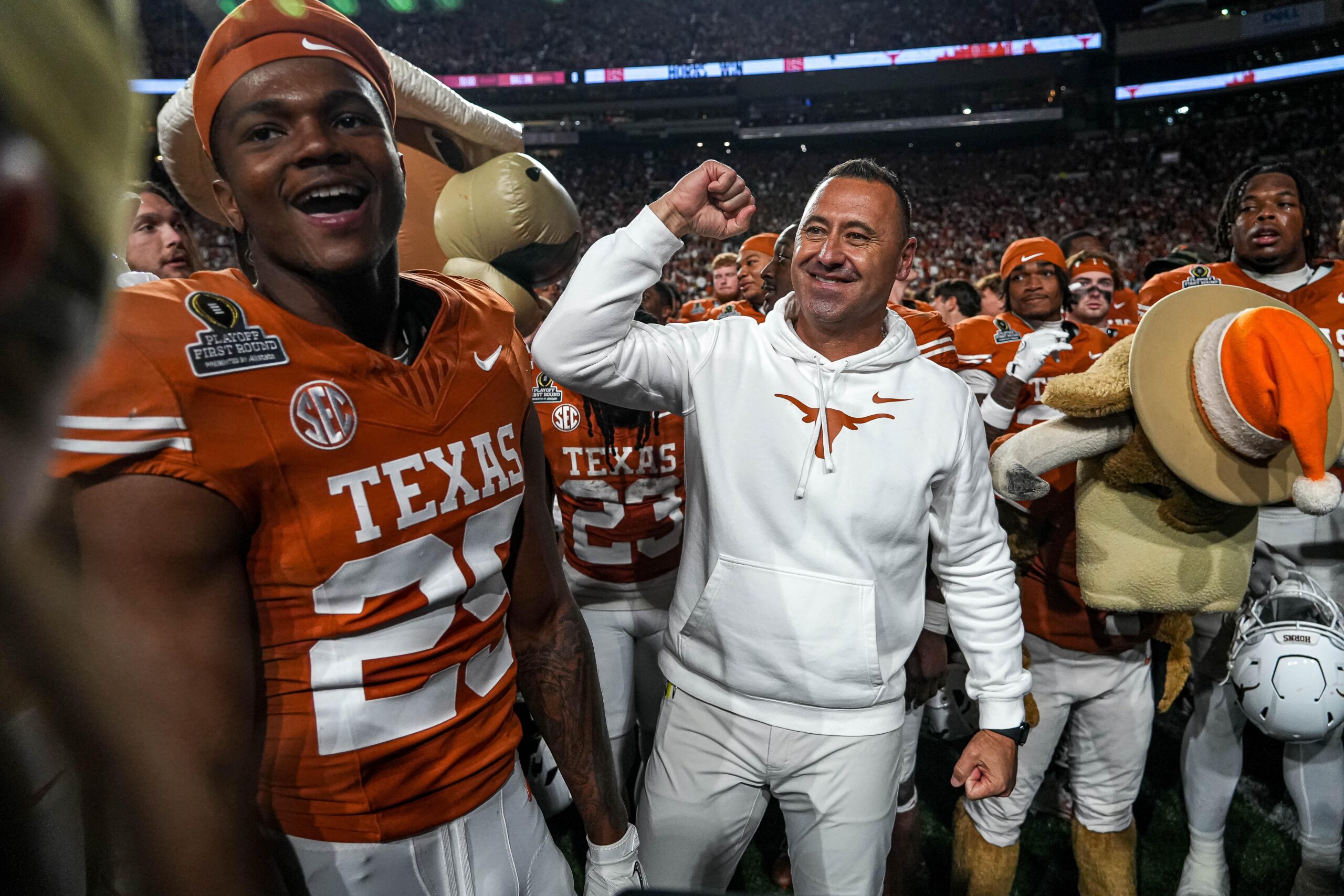 Texas Longhorns head coach Steve Sarkisian celebrates the 38-24 win against Clemson in the first round of the College Football Playoffs at Darrell K Royal-Texas Memorial Stadium on Saturday, Dec. 21, 2024.
