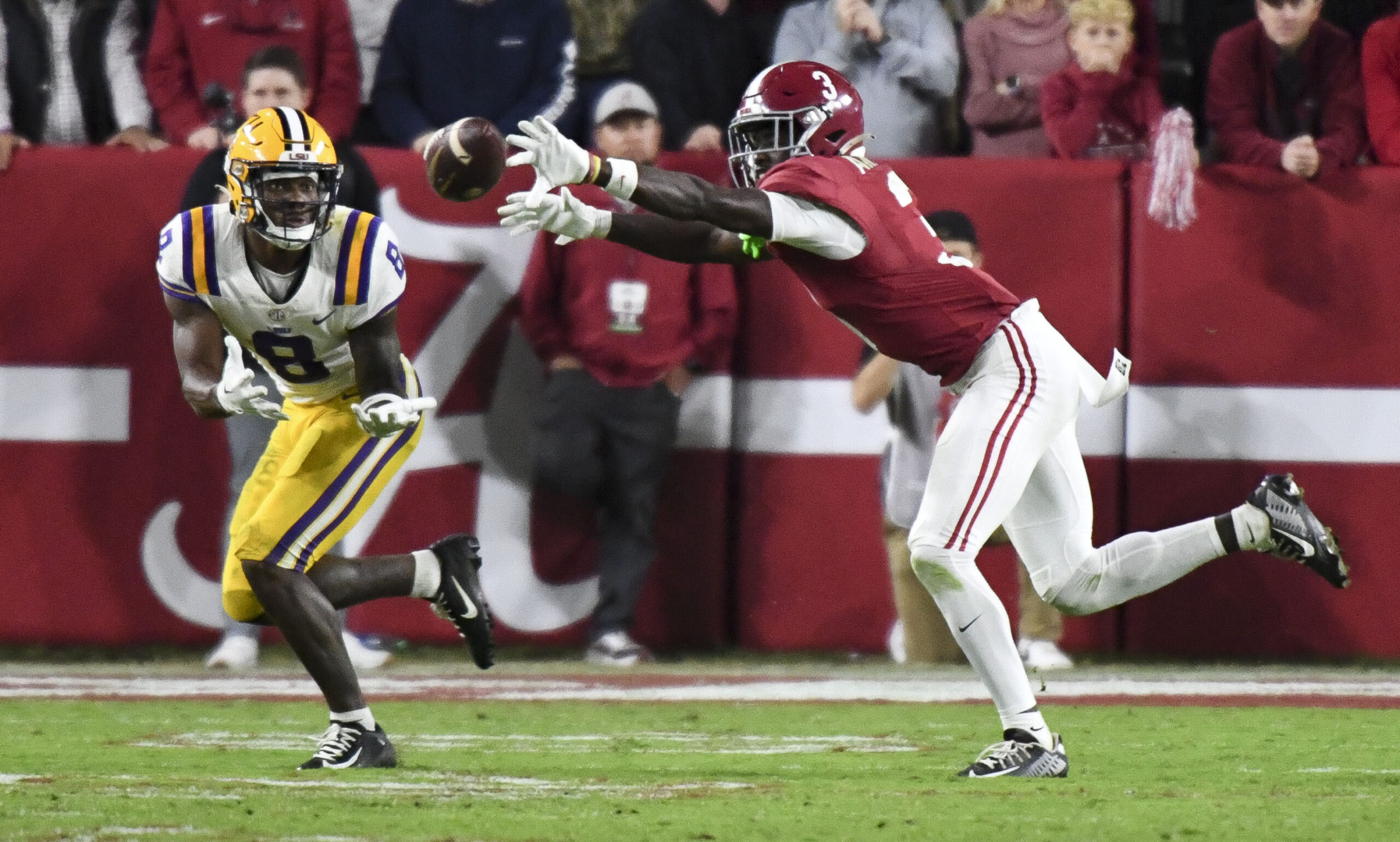 Nov 4, 2023; Tuscaloosa, Alabama, USA; Alabama Crimson Tide defensive back Terrion Arnold (3) breaks up a pass intended for LSU Tigers wide receiver Malik Nabers (8) at Bryant-Denny Stadium. Alabama defeated LSU 42-28.