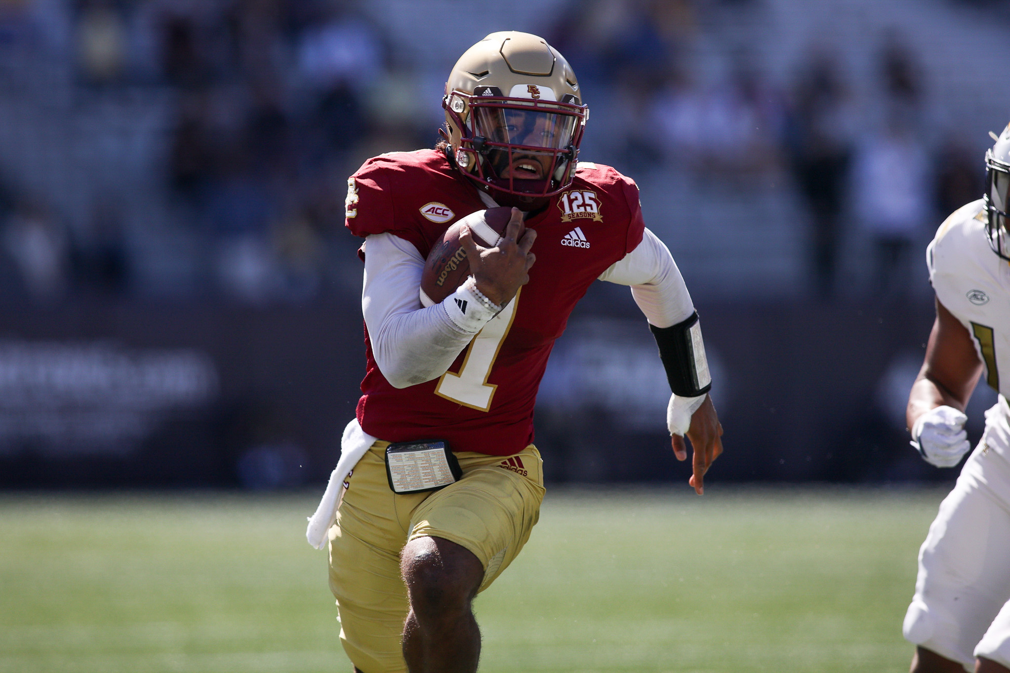 Oct 21, 2023; Atlanta, Georgia, USA; Boston College Eagles quarterback Thomas Castellanos (1) runs the ball against the Georgia Tech Yellow Jackets in the second quarter at Bobby Dodd Stadium at Hyundai Field.
