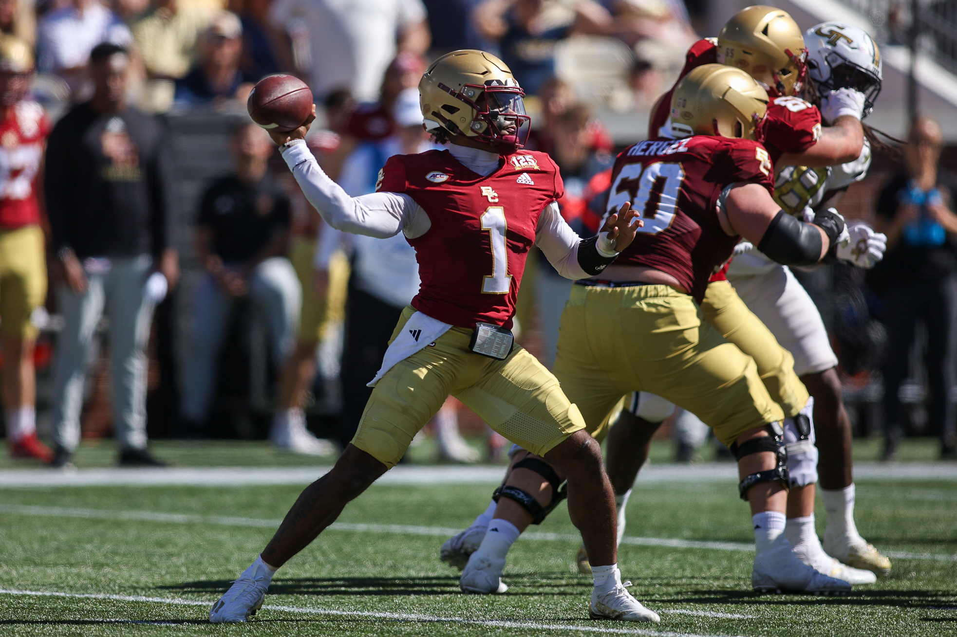Oct 21, 2023; Atlanta, Georgia, USA; Boston College Eagles quarterback Thomas Castellanos (1) throws a pass against the Georgia Tech Yellow Jackets in the second half at Bobby Dodd Stadium at Hyundai Field.