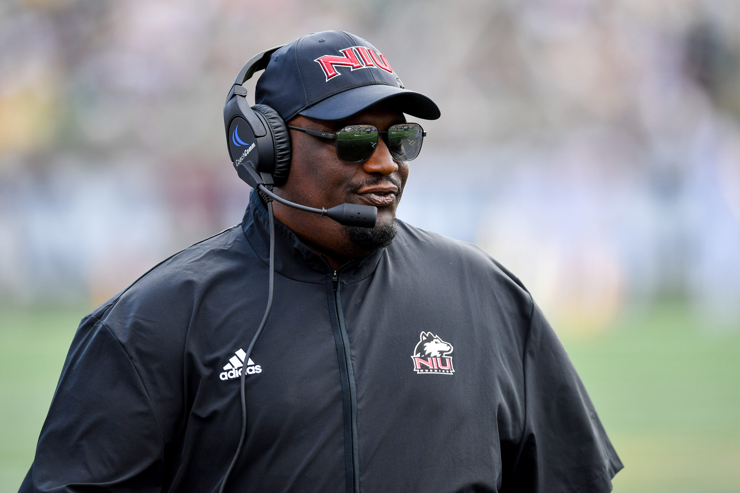 Sep 7, 2024; South Bend, Indiana, USA; Northern Illinois Huskies head coach Thomas Hammock watches in the first quarter against the Notre Dame Fighting Irish at Notre Dame Stadium. 