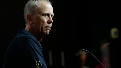 Georgia offensive coordinator and quarterbacks coach Todd Monken speaks to the media in Athens