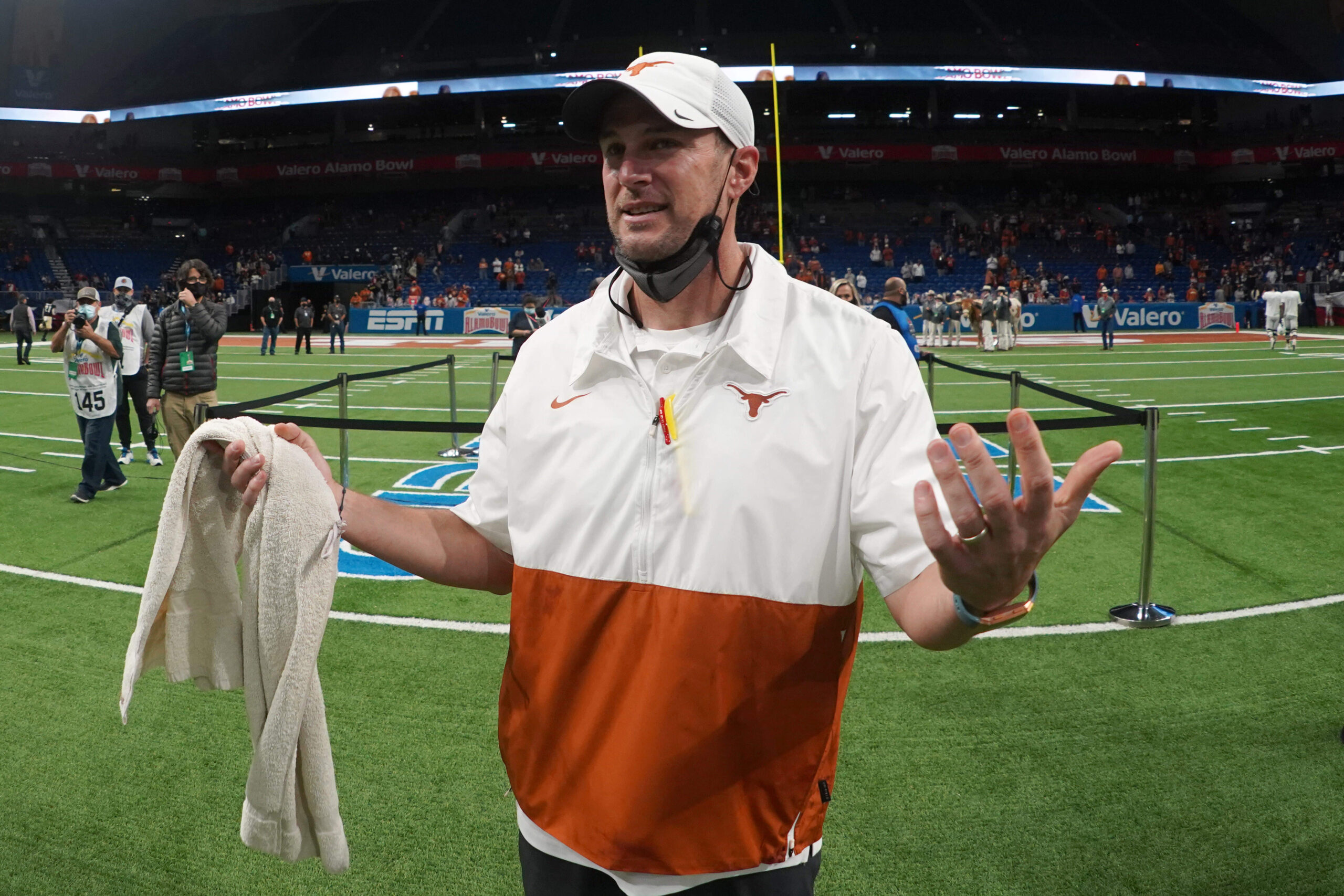 Dec 29, 2020; San Antonio, TX, USA; Texas Longhorns coach Tom Herman celebrates after defeating the Colorado Buffaloes in the Alamo Bowl at the Alamodome.
