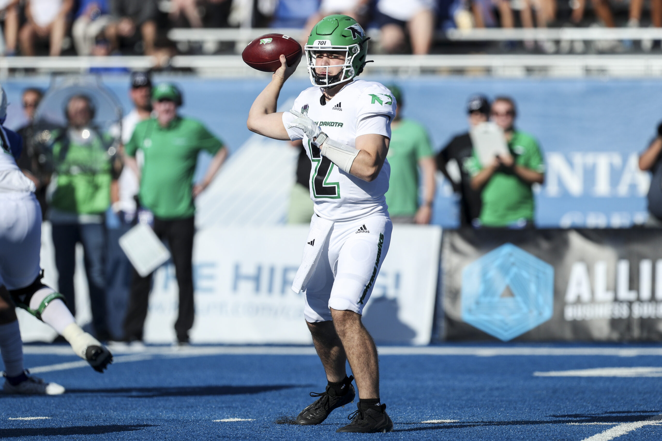 Sep 16, 2023; Boise, Idaho, USA; North Dakota Fighting Hawks quarterback Tommy Schuster (2) throws against the Boise State Broncos during first half at Albertsons Stadium.