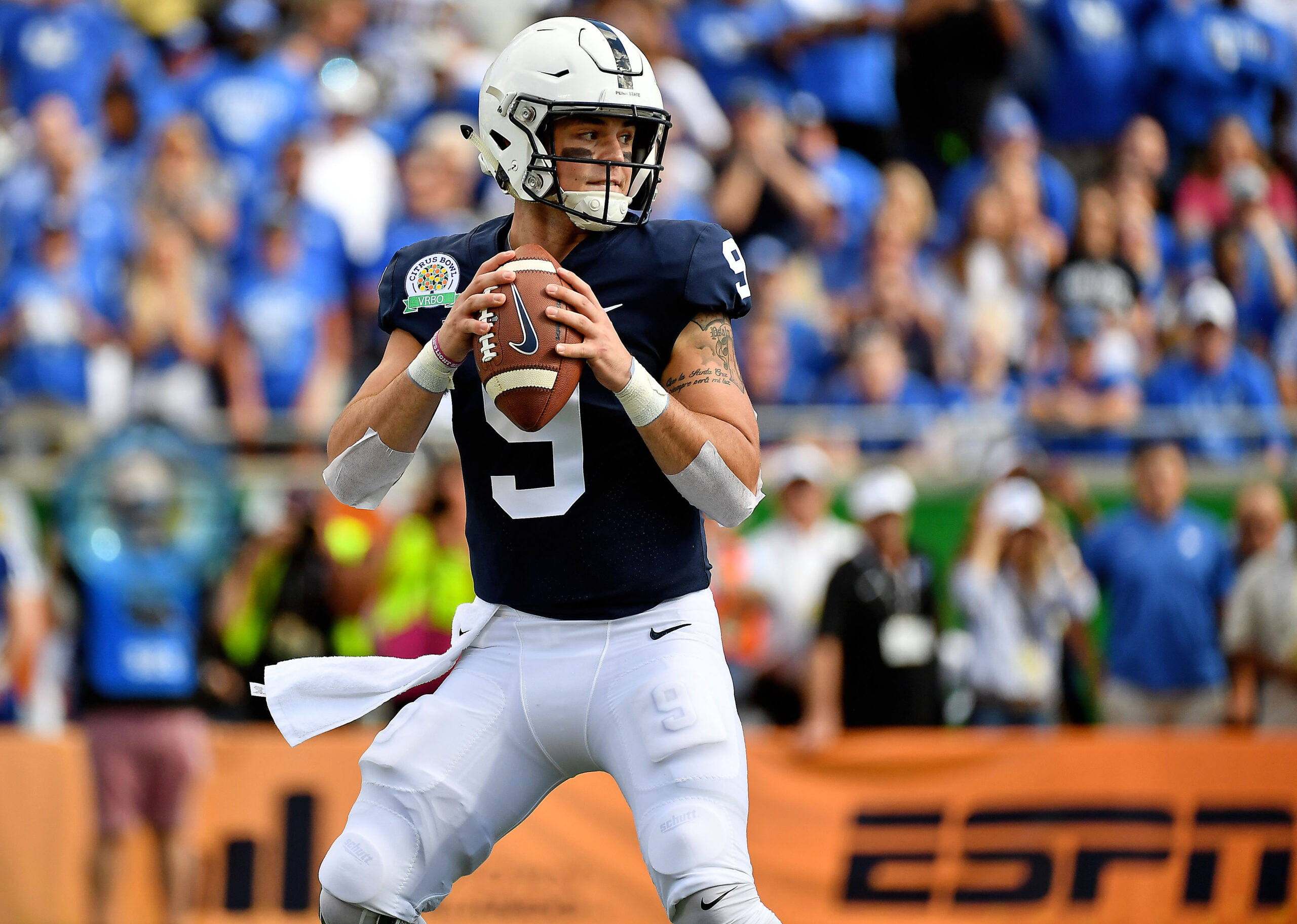 Jan 1, 2019; Orlando, FL, USA; Penn State Nittany Lions quarterback Trace McSorley (9) attempts a pass against the Kentucky Wildcats during the first half in the 2019 Citrus Bowl at Camping World Stadium.