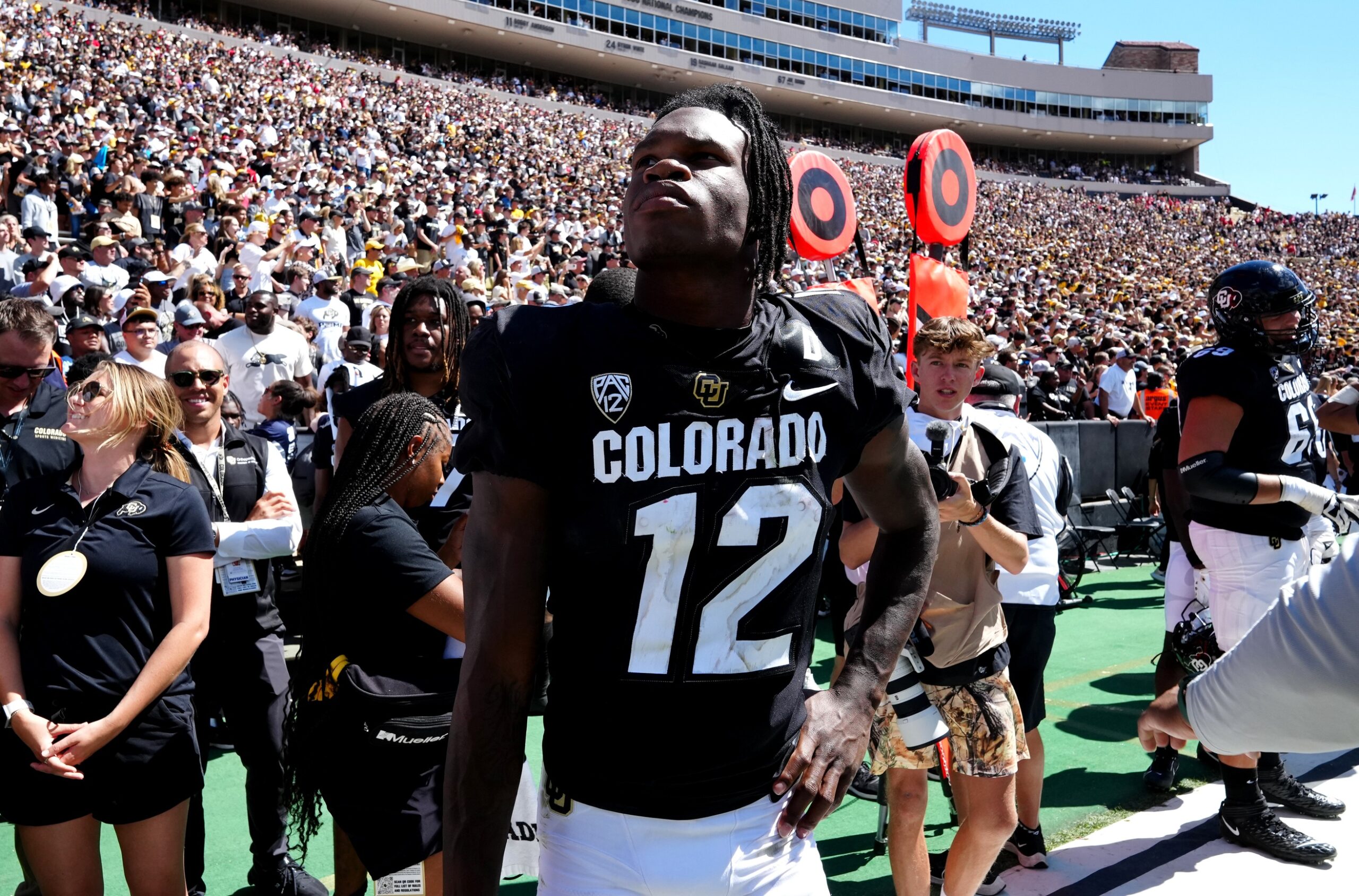 Sep 9, 2023; Boulder, Colorado, USA; Colorado Buffaloes cornerback Travis Hunter (12) following the game against the Nebraska Cornhuskers at Folsom Field.