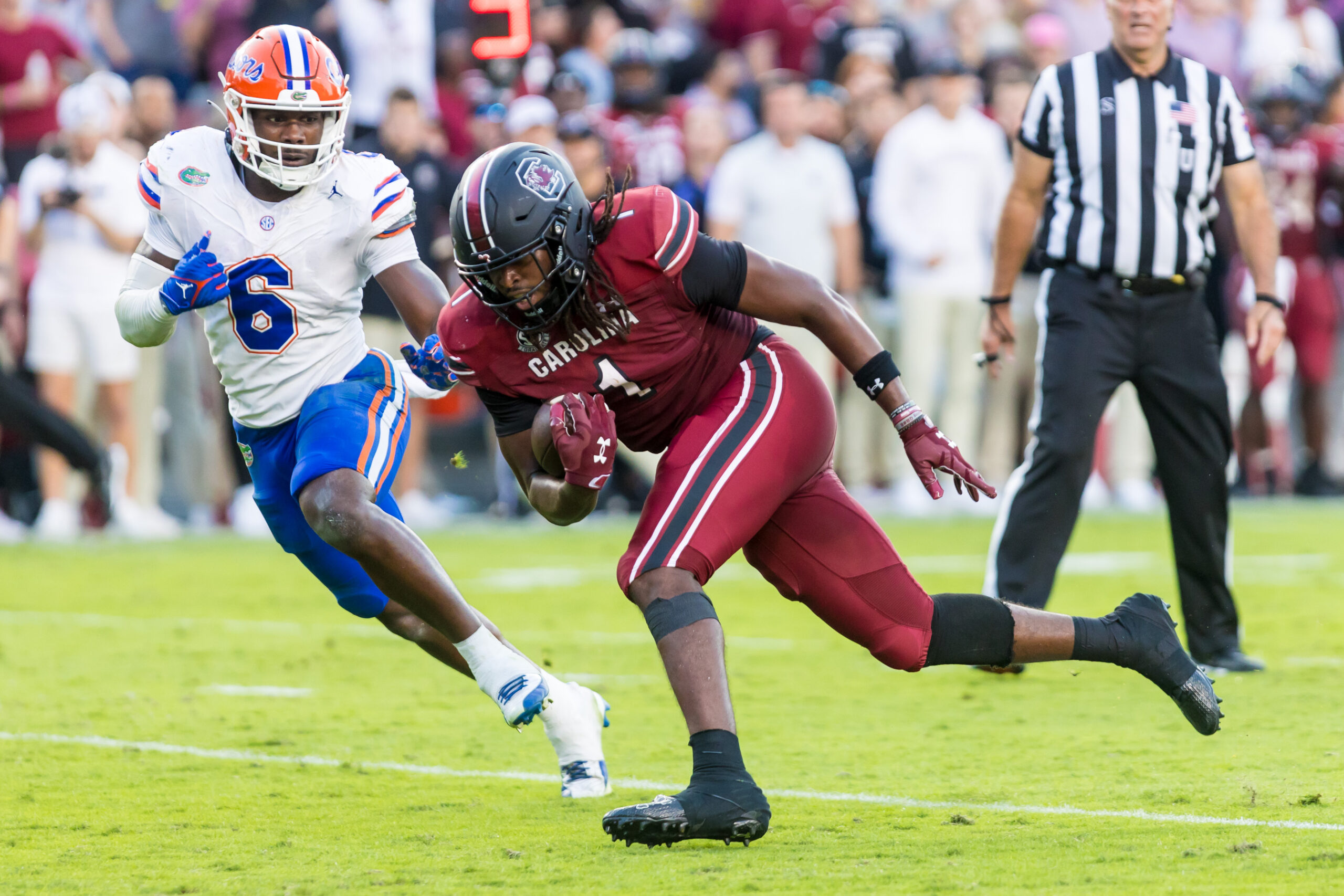 Oct 14, 2023; Columbia, South Carolina, USA; South Carolina Gamecocks tight end Trey Knox (1) runs after a reception against the Florida Gators in the second half at Williams-Brice Stadium.