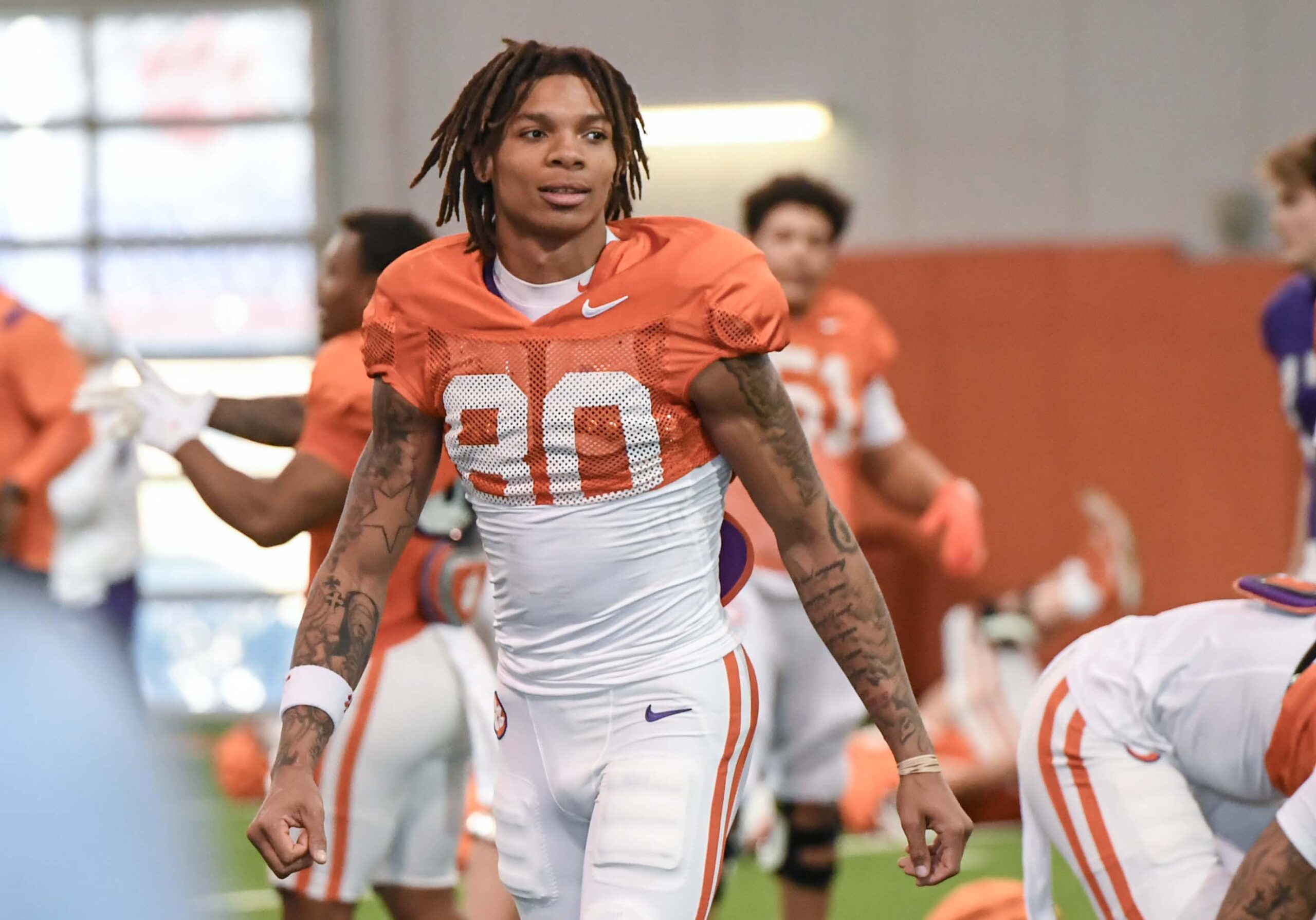 Clemson receiver Tristan Smith (80) during the football practice at the Allen N. Reeves Football Complex at Clemson University in Clemson, S.C. Monday, March 3, 2025.