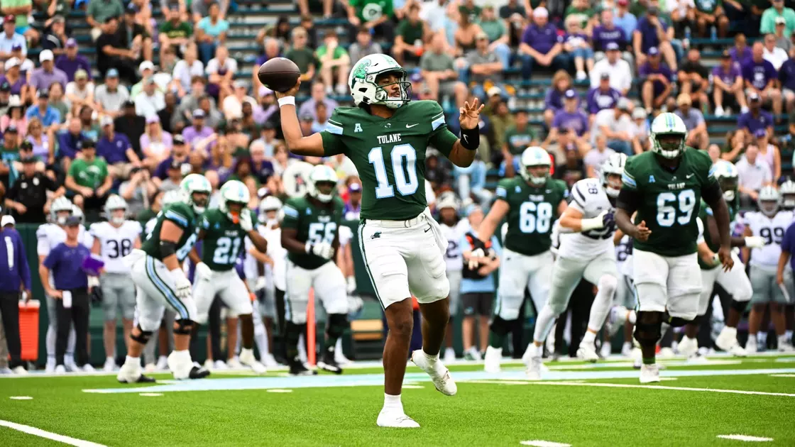 Tulane starting QB, Darian Mensah, throwing a pass against Kansas State Wildcats at Yulman Stadium on Saturday, September 7th.