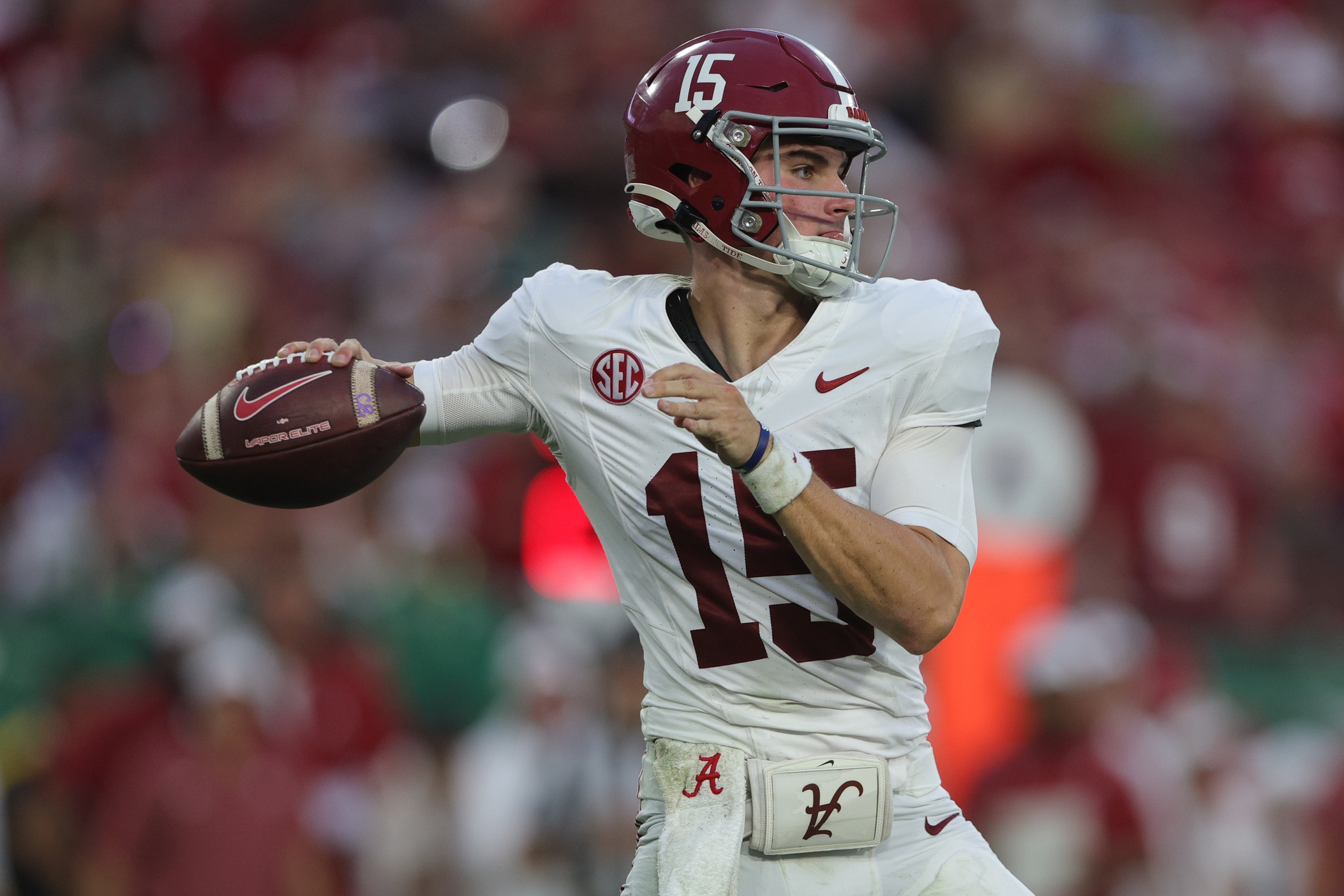 Sep 16, 2023; Tampa, Florida, USA; Alabama Crimson Tide quarterback Ty Simpson (15) drops back to pass against the South Florida Bulls in the fourth quarter at Raymond James Stadium.