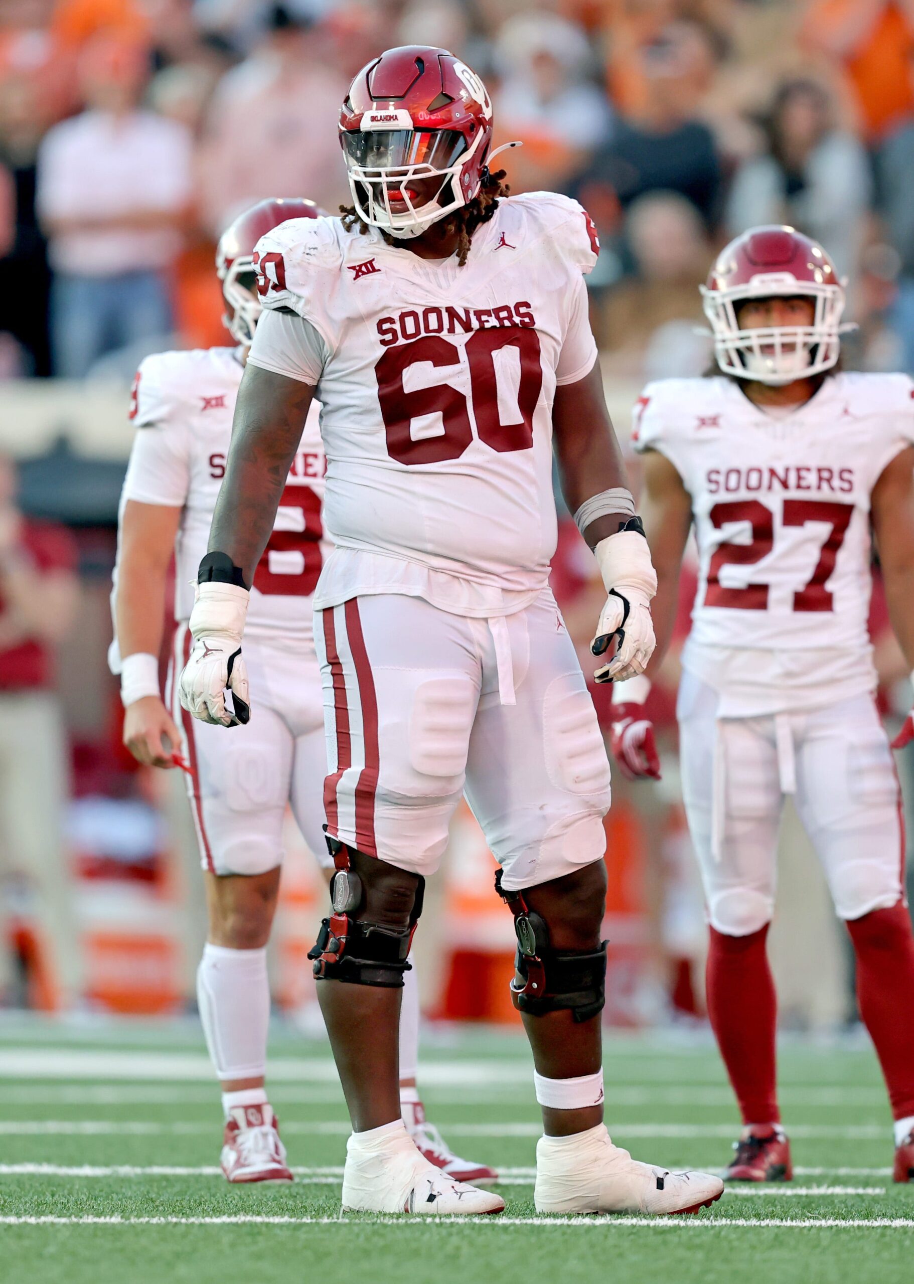Oklahoma's Tyler Guyton (60) is pictured in the second half during a Bedlam college football game between the Oklahoma State University Cowboys (OSU) and the University of Oklahoma Sooners (OU) at Boone Pickens Stadium in Stillwater, Okla., Saturday, Nov. 4, 2023.