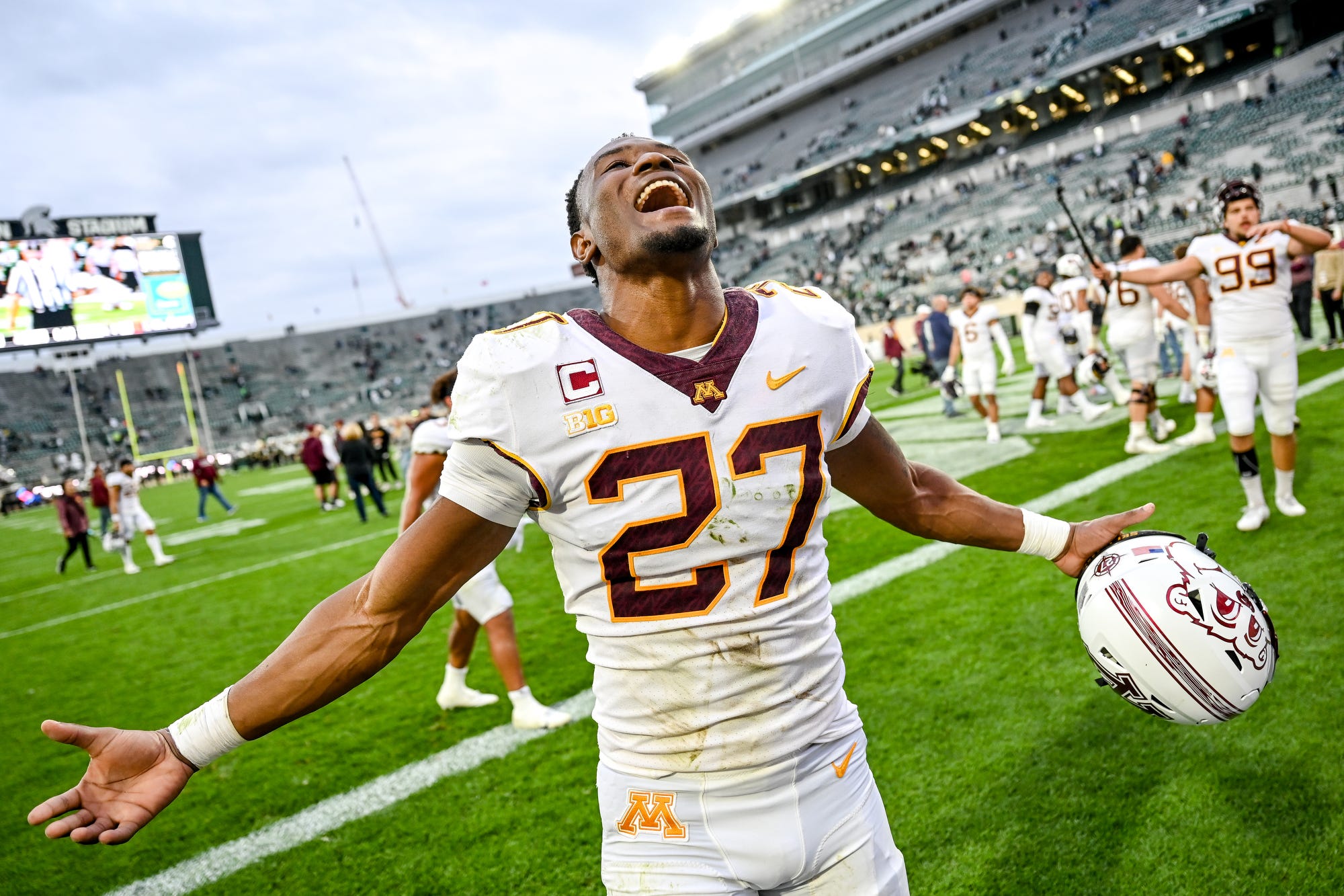 Minnesota's Tyler Nubin celebrates after beating Michigan State on Saturday, Sept. 24, 2022, at Spartan Stadium in East Lansing.