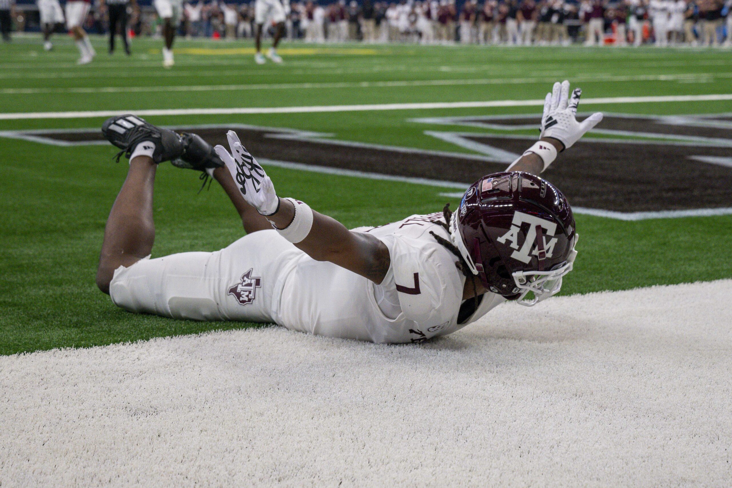 Sep 30, 2023; Arlington, Texas, USA; Texas A&M Aggies defensive back Tyreek Chappell (7) celebrates after he breaks up a pass intended for Arkansas Razorbacks wide receiver Andrew Armstrong during the second half at AT&T Stadium.