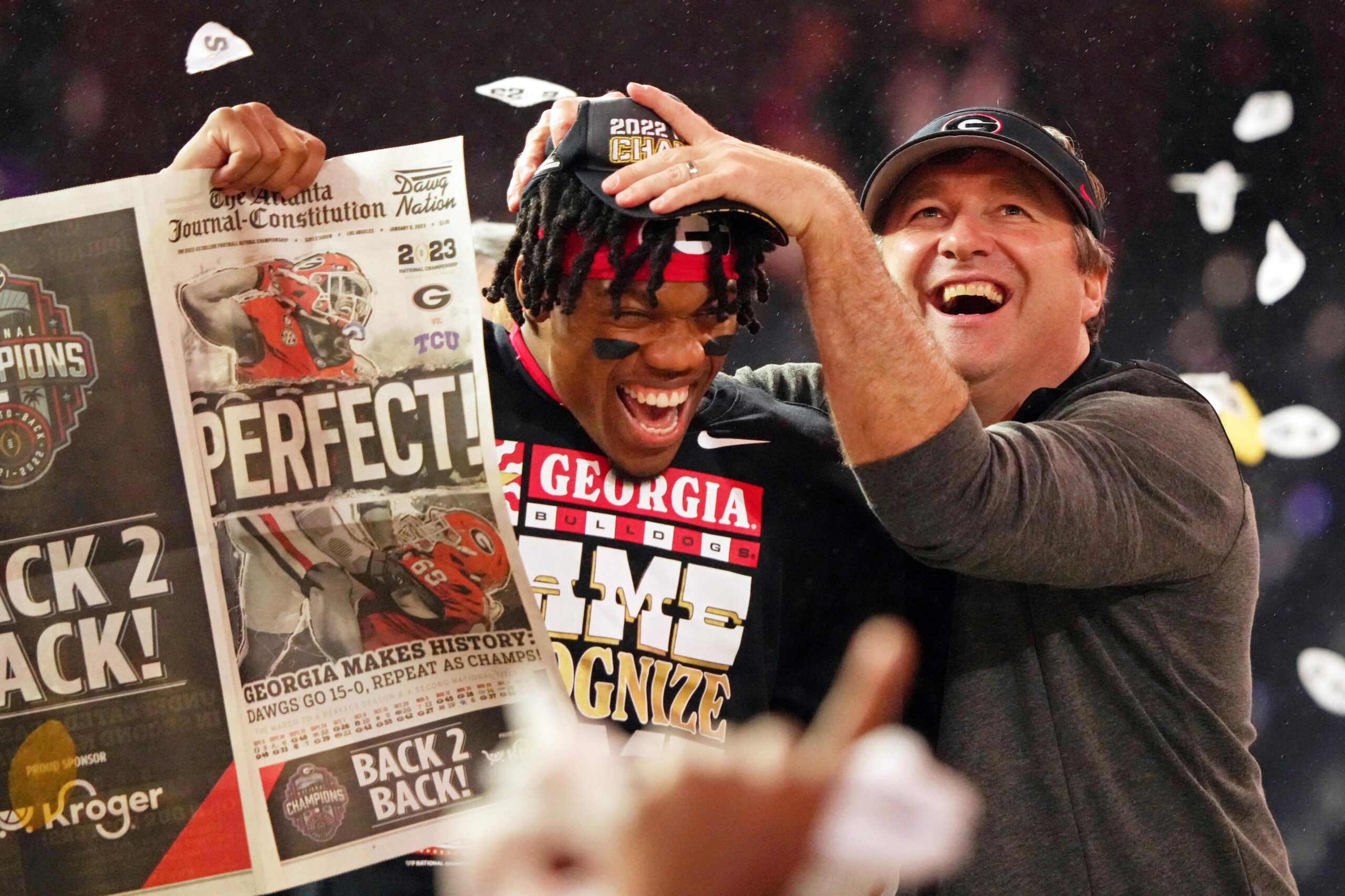 Jan 9, 2023; Inglewood, CA, USA; Georgia Bulldogs defensive back Javon Bullard (22) celebrates with head coach Kirby Smart after winning the CFP national championship game against the TCU Horned Frogs at SoFi Stadium.