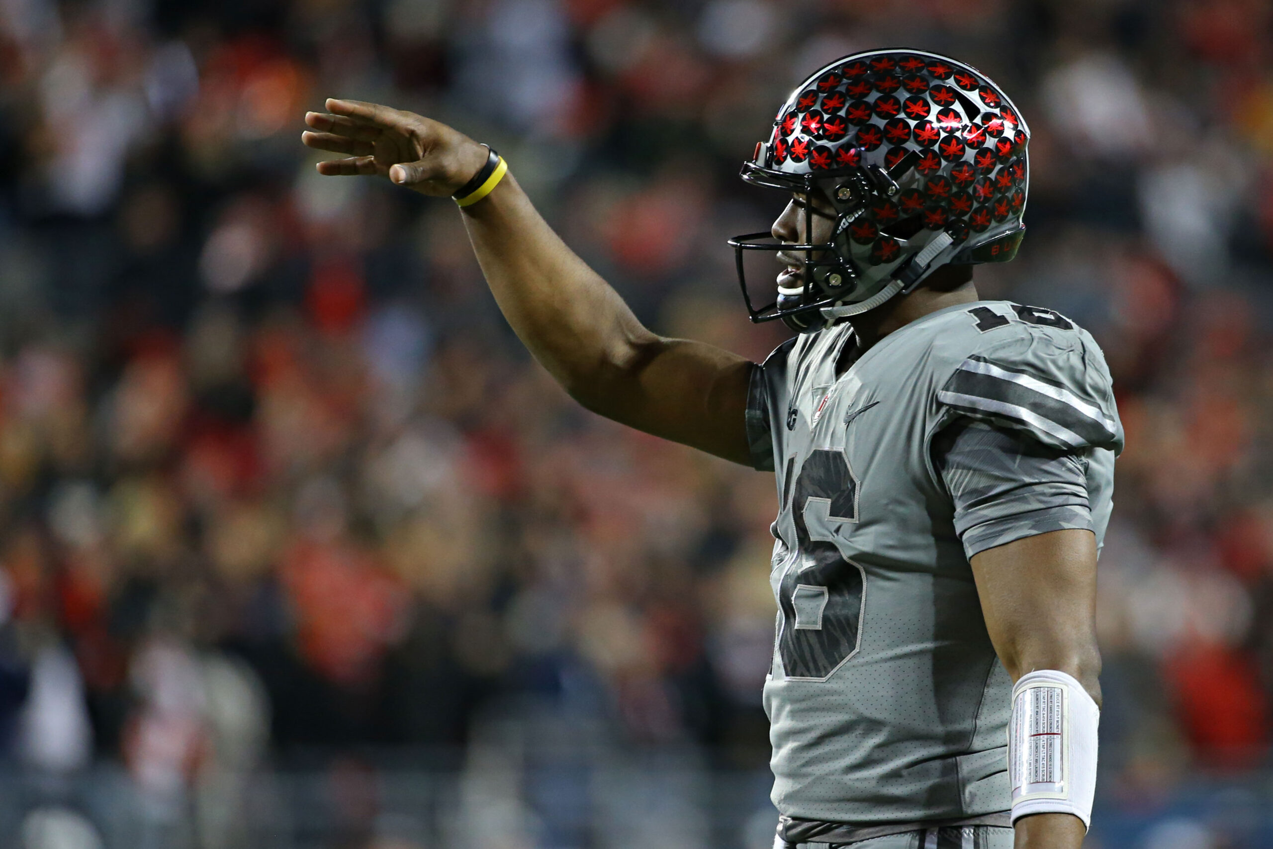 Oct 28, 2017; Columbus, OH, USA; Ohio State Buckeyes quarterback J.T. Barrett (16) against the Penn State Nittany Lions at Ohio Stadium. Mandatory Credit: Aaron Doster-Imagn Images