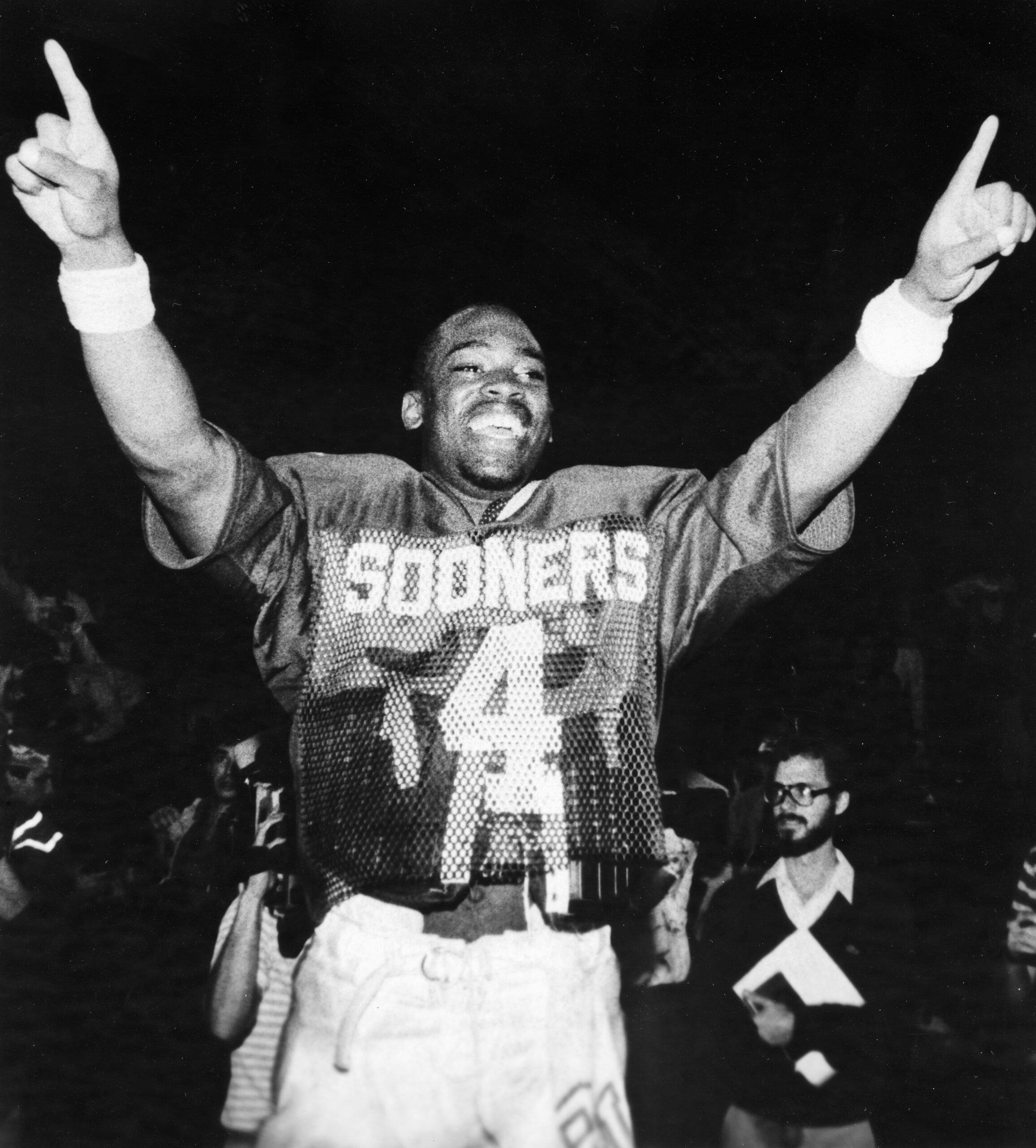 Jan 1, 1986; Miami, FL, USA; FILE PHOTO; Oklahoma Sooners running back Jamelle Holieway (4) celebrates defeating the Penn State Nittany Lions in the Orange Bowl 25-10 at the Orange Bowl. Mandatory Credit: RVR Photos-USA TODAY NETWORK