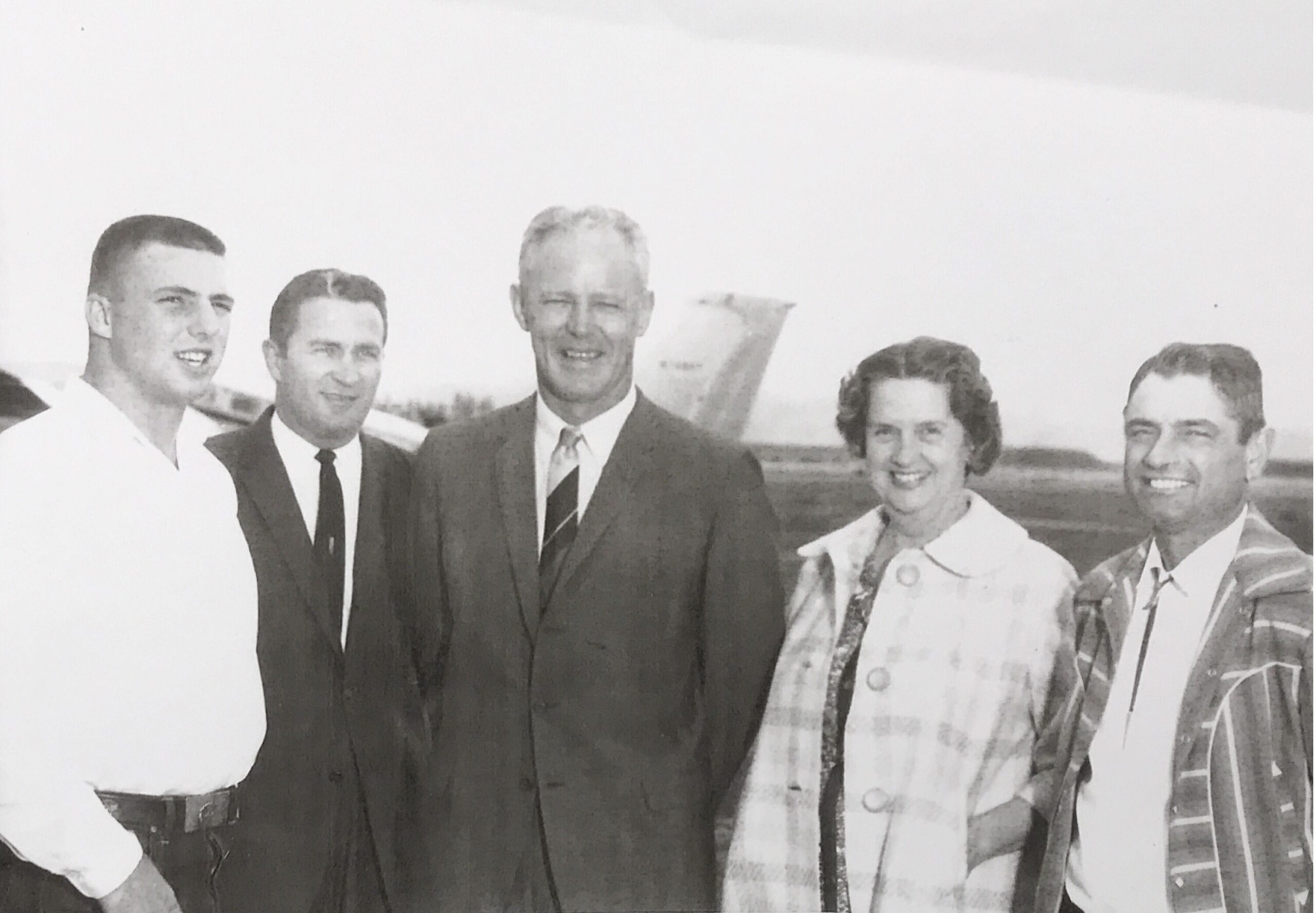 King City running back Jim Mankins (far left) was one of the first great athletes for the school and will be inducted into the Salinas Valley Hall of Fame Aug. 25. He's pictured here with King City head coach Ernie Piper (second from left), University of Oklahoma head coach Bud Wilkinson (center) and Mankins' mother and father.