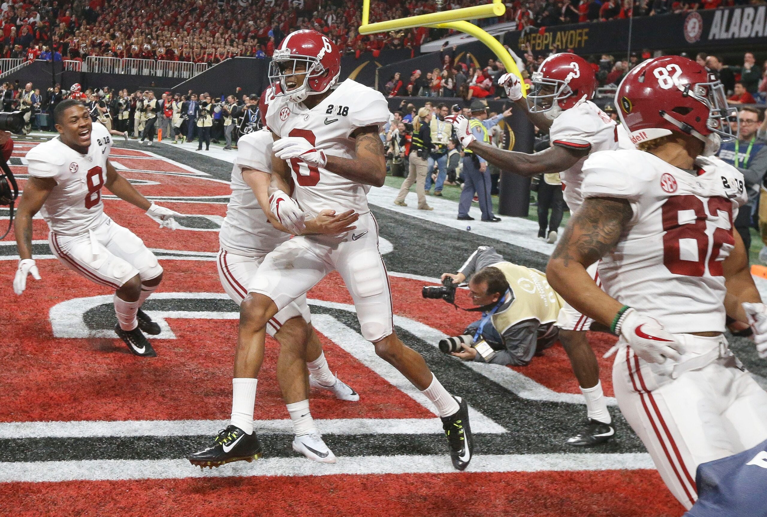 Alabama wide receiver DeVonta Smith (6) celebrates his game winning touchdown catch against Georgia during the College Football Playoff National Championship game, Jan. 8, 2018 at Mercedes-Benz Stadium in Atlanta. Alabama defeated Georgia in overtime 26-23