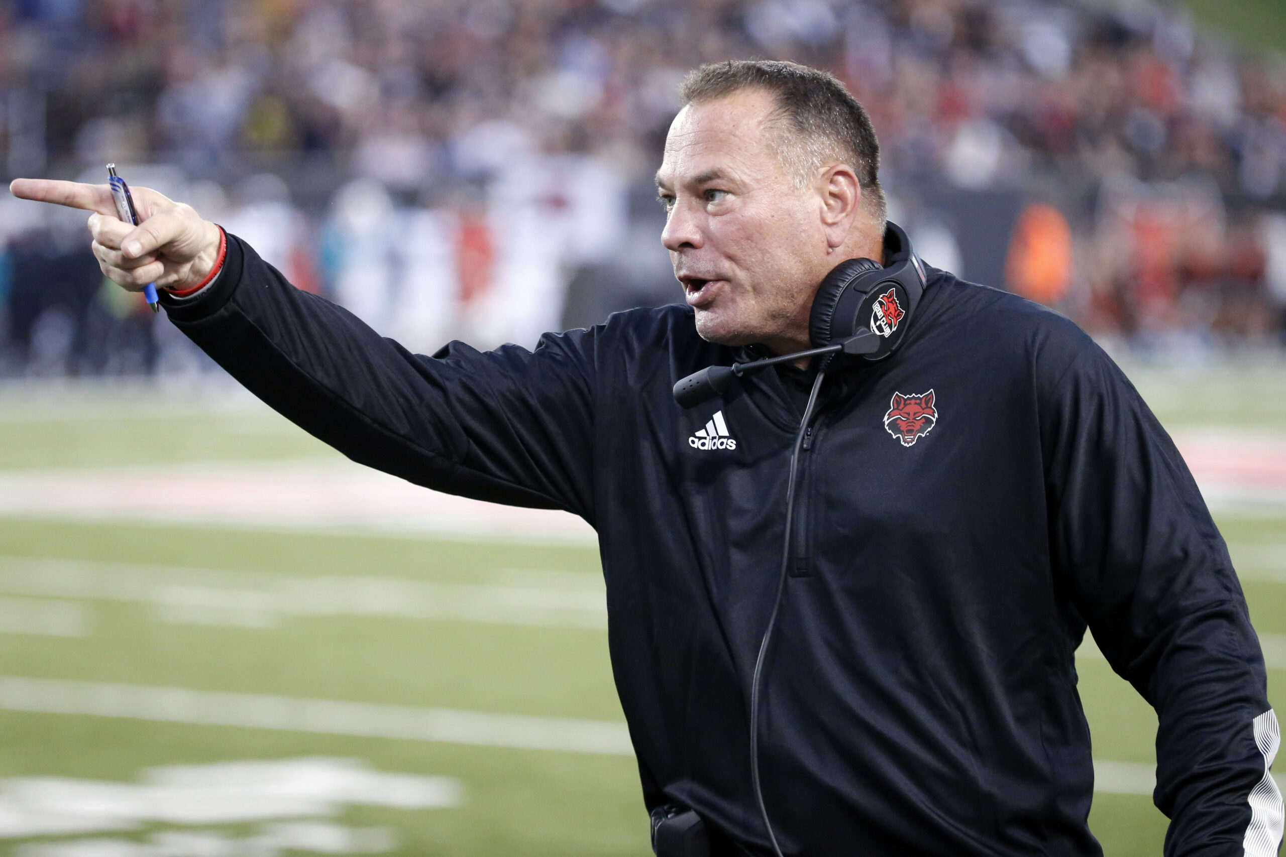 Oct 7, 2021; Jonesboro, Arkansas, USA; Arkansas State Red Wolves head coach Butch Jones gestures during the first half against the Coastal Carolina Chanticleers at Centennial Bank Stadium.