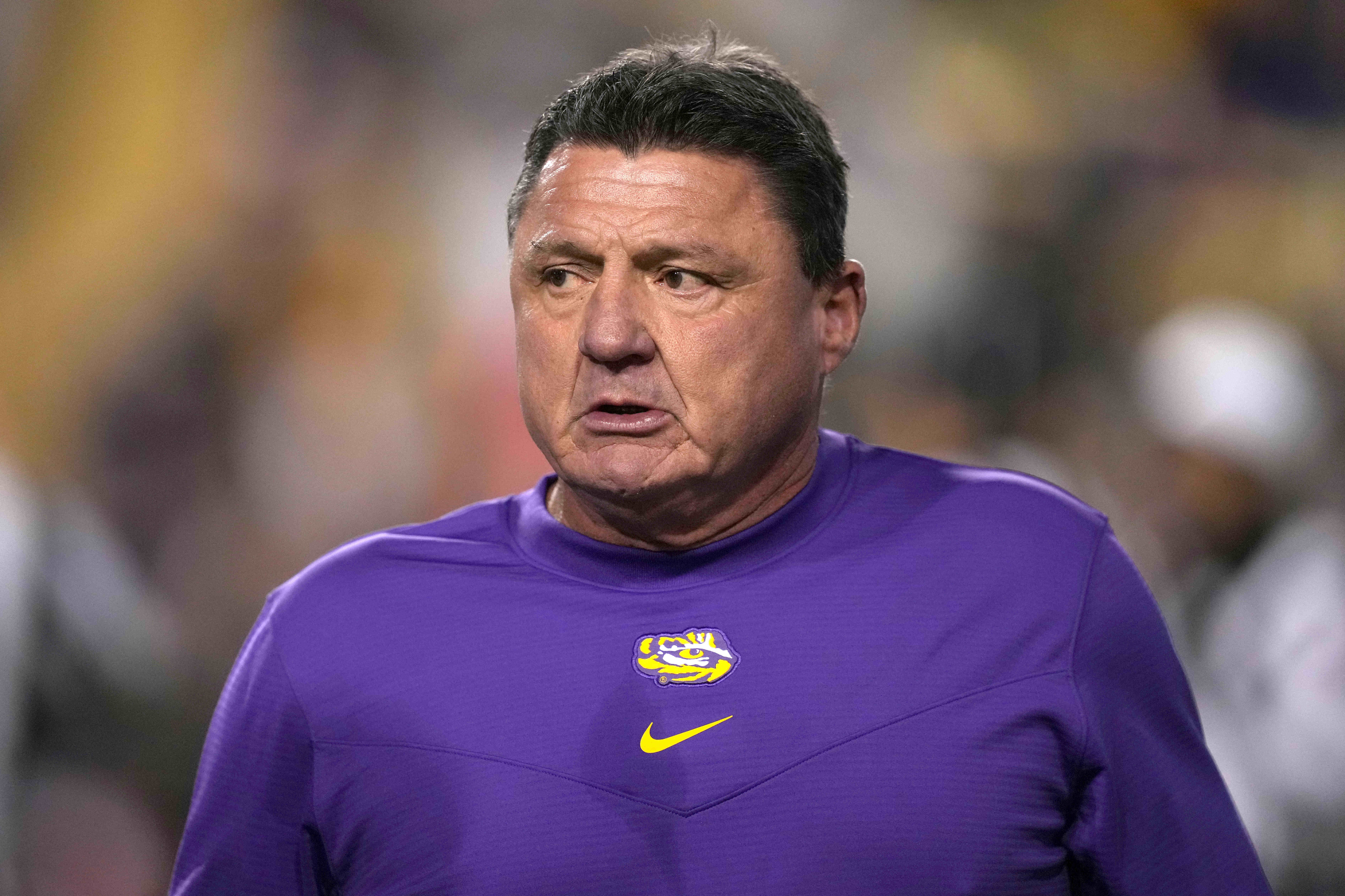 Nov 13, 2021; Baton Rouge, Louisiana, USA; LSU Tigers head coach Ed Orgeron reacts in the first half against the Arkansas Razorbacks at Tiger Stadium.
