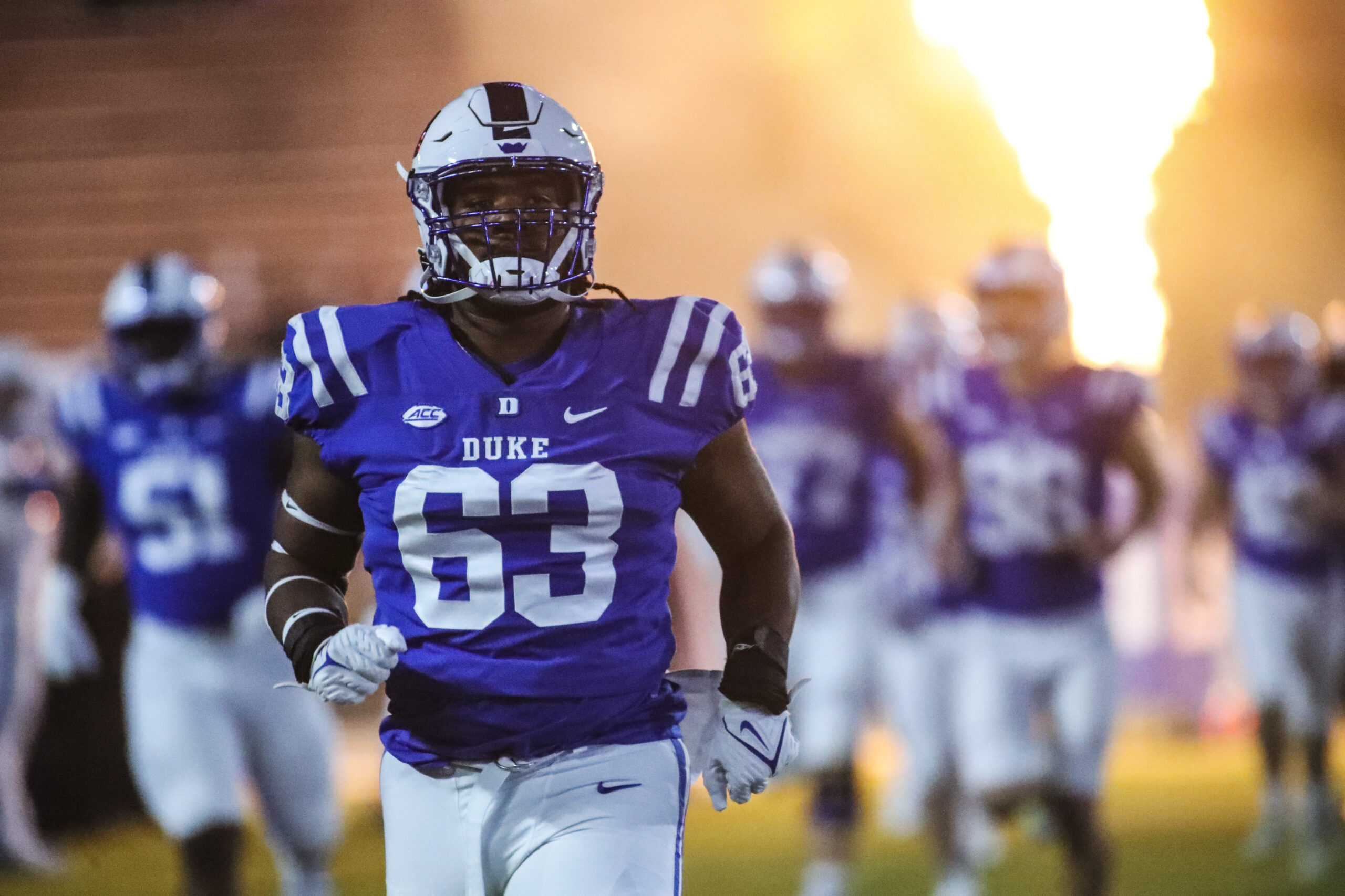 Nov 18, 2021; Durham, North Carolina, USA; Duke Blue Devils guard Jacob Monk (63) just before the 1st half of the game against the Louisville Cardinals at Wallace Wade Stadium.