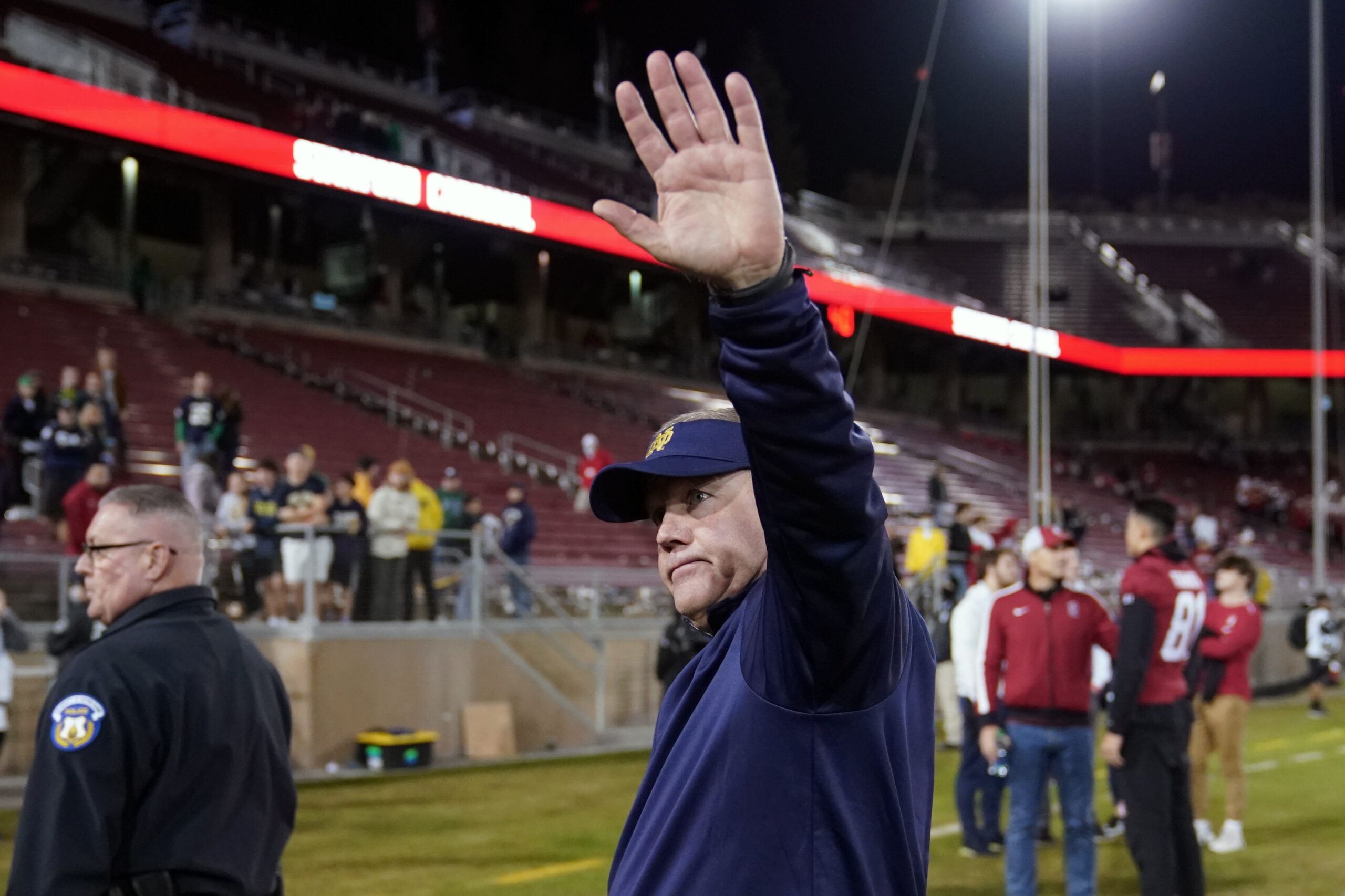 Nov 27, 2021; Stanford, California, USA; Notre Dame Fighting Irish head coach Brian Kelly walks off the field after the game against the Stanford Cardinal at Stanford Stadium. Mandatory Credit: Darren Yamashita-Imagn Images