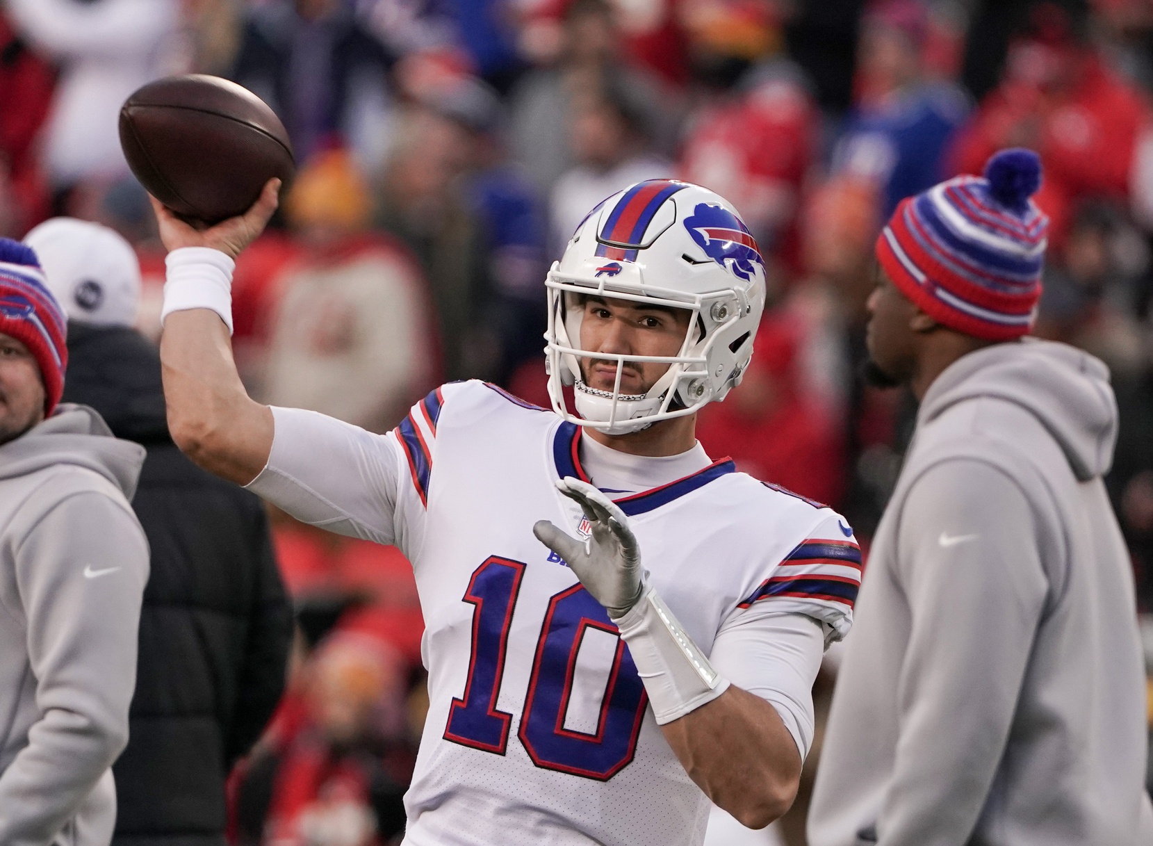 Jan 23, 2022; Kansas City, Missouri, USA; Buffalo Bills quarterback Mitchell Trubisky (10) warms up against the Kansas City Chiefs before an AFC Divisional playoff football game at GEHA Field at Arrowhead Stadium.