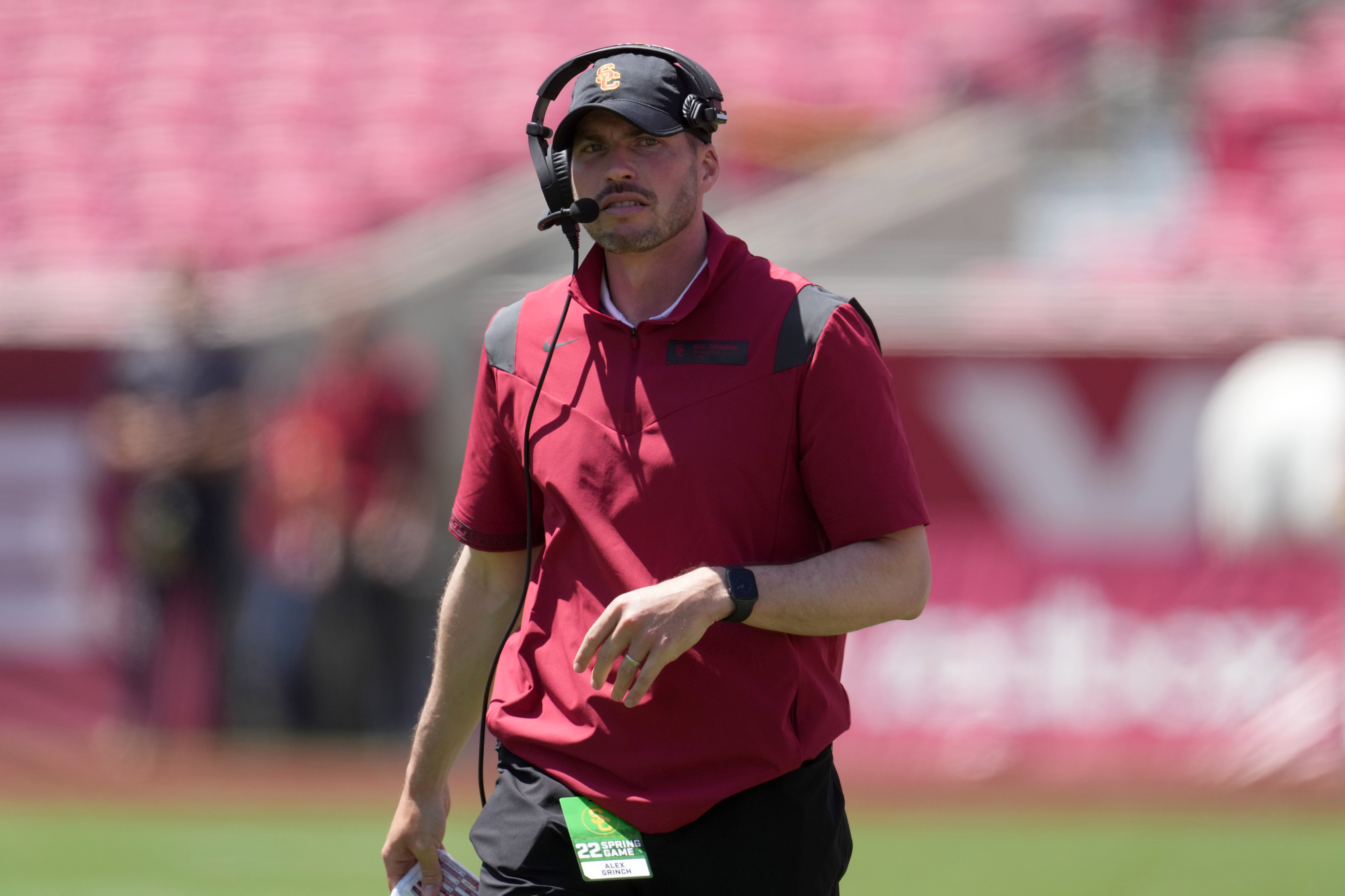 Apr 23, 2022; Los Angeles, CA, USA; Southern California Trojans defensive coordinator Alex Grinch during the spring game at the Los Angeles Memorial Coliseum.