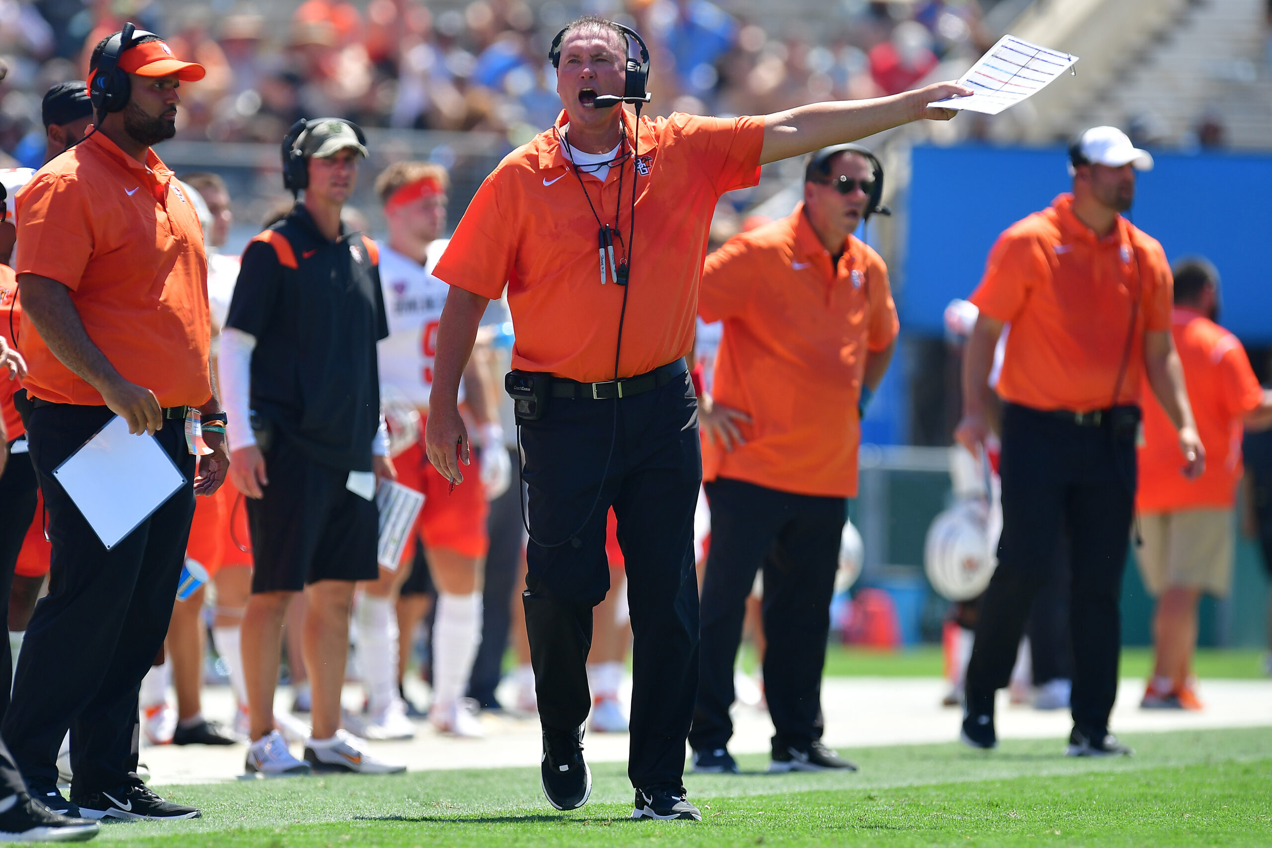 Sep 3, 2022; Pasadena, California, USA; Bowling Green Falcons head coach Scot Loeffler reacts to officials during the first half against the UCLA Bruins at Rose Bowl.