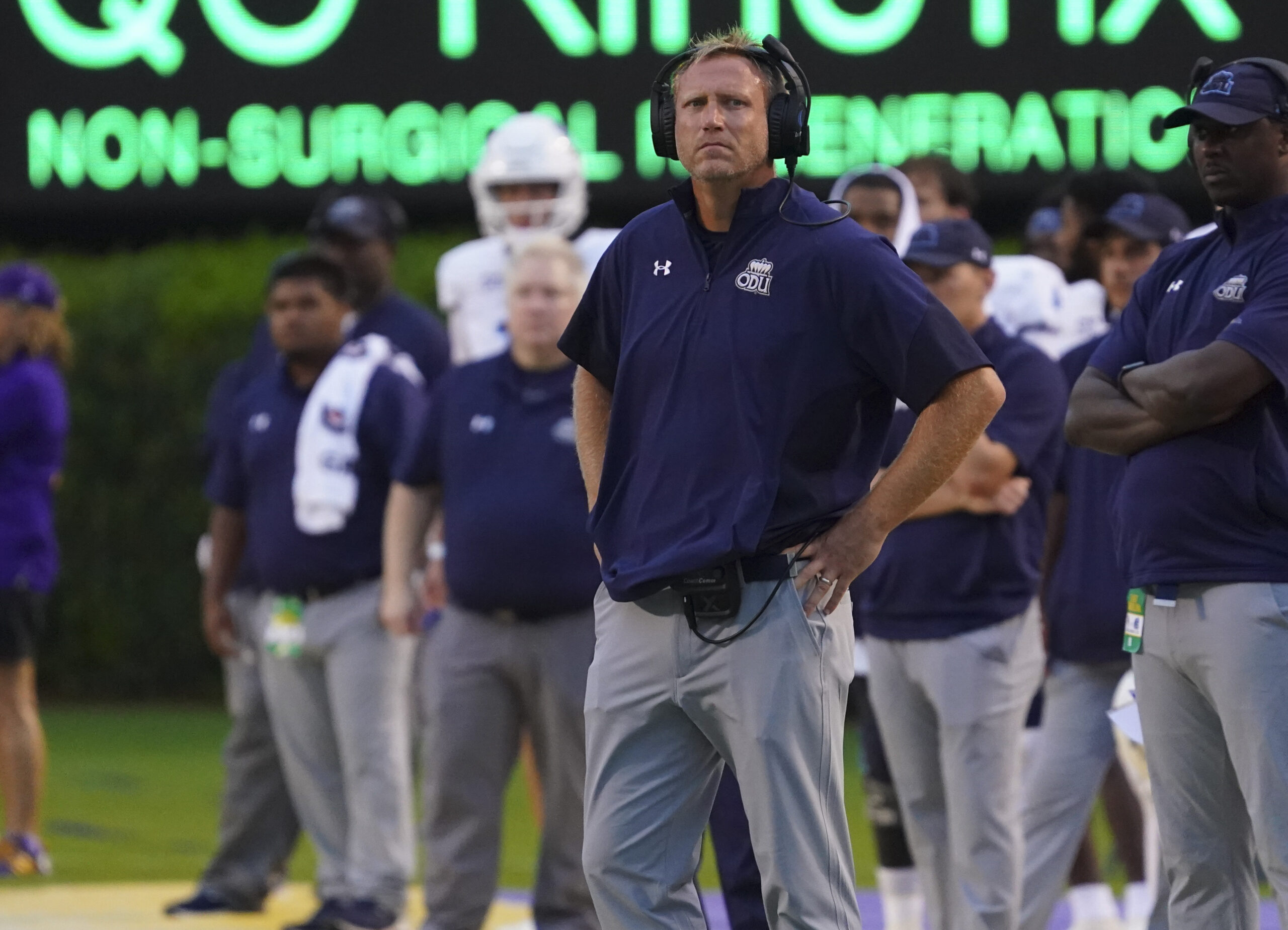 Sep 10, 2022; Greenville, North Carolina, USA; Old Dominion Monarchs head coach Ricky Rahne looks on against the East Carolina Pirates during the first half at Dowdy-Ficklen Stadium.