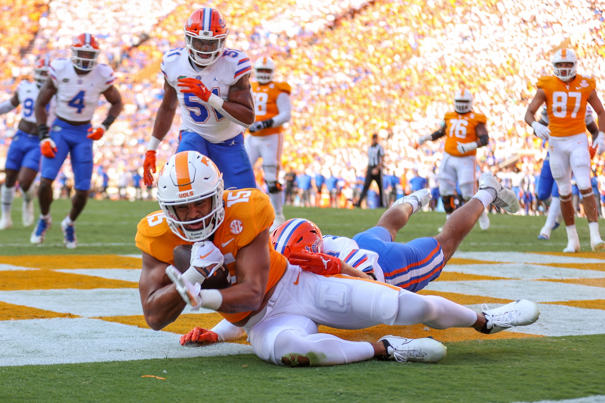 Sep 24, 2022; Knoxville, Tennessee, USA; Tennessee Volunteers wide receiver Bru McCoy (15) catches a pass in the end zone for a touchdown against the Florida Gators during the first half at Neyland Stadium.