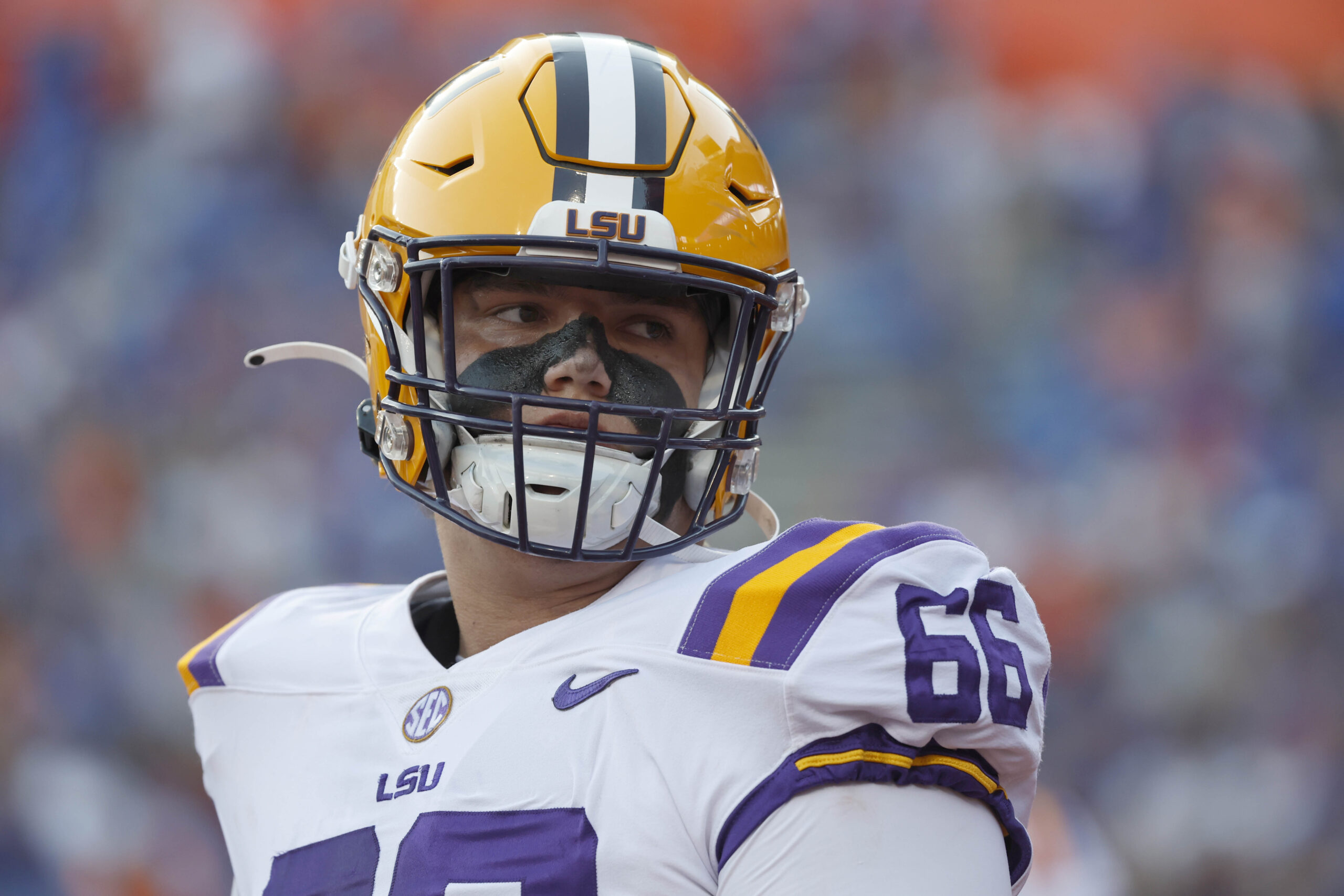 Oct 15, 2022; Gainesville, Florida, USA; LSU Tigers offensive lineman Will Campbell (66) against the Florida Gators prior to the game at Ben Hill Griffin Stadium. Mandatory Credit: Kim Klement-USA TODAY Sports