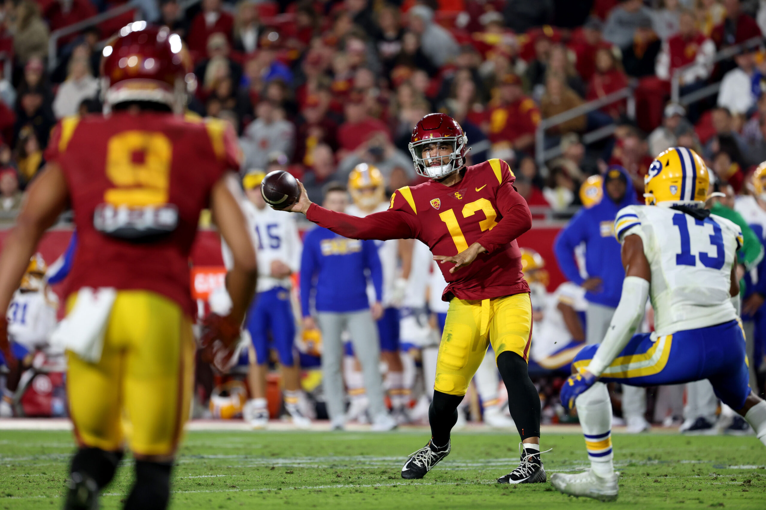 Nov 5, 2022; Los Angeles, California, USA; USC Trojans quarterback Caleb Williams (13) throws a pass during the second half against the California Golden Bears at United Airlines Field at Los Angeles Memorial Coliseum.