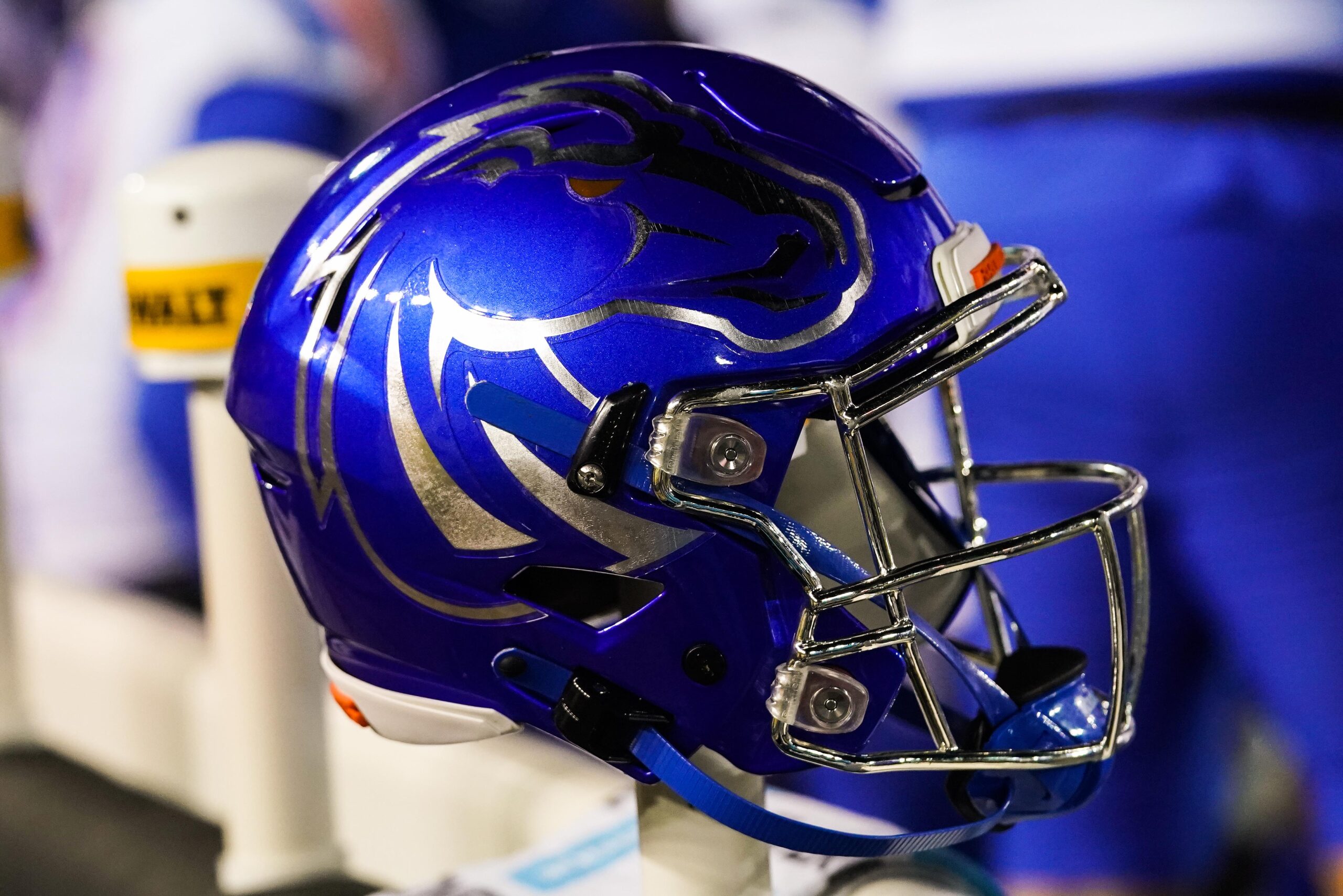 Nov 19, 2022; Laramie, Wyoming, USA; A general view of Boise State Broncos helmet against the Wyoming Cowboys at Jonah Field at War Memorial Stadium.