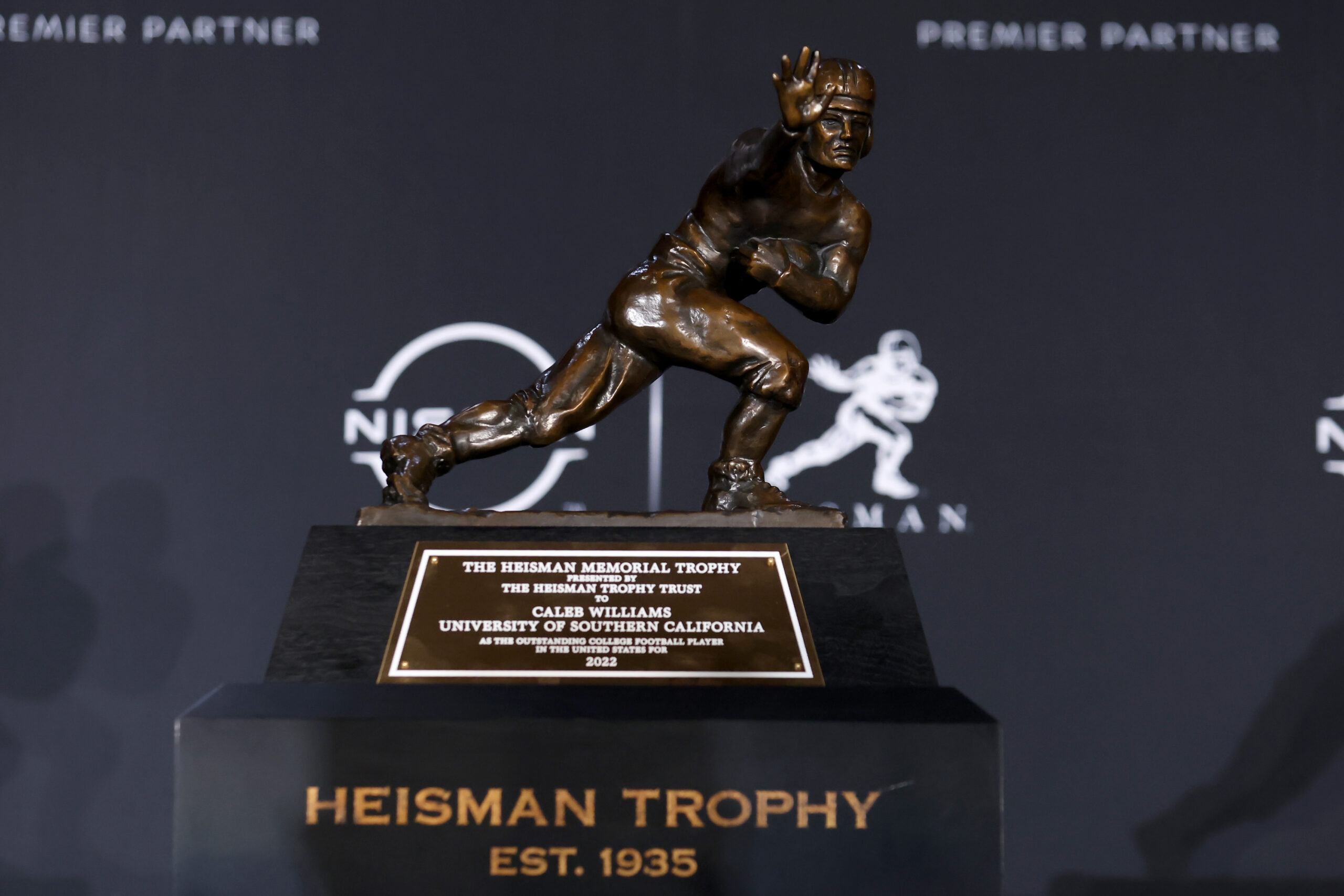 Dec 10, 2022; New York, NY, USA; Detail view of the Heisman Trophy won by Southern California quarterback Caleb Williams (not pictured) in the Astor Ballroom at the New York Marriott Marquis in New York, NY.