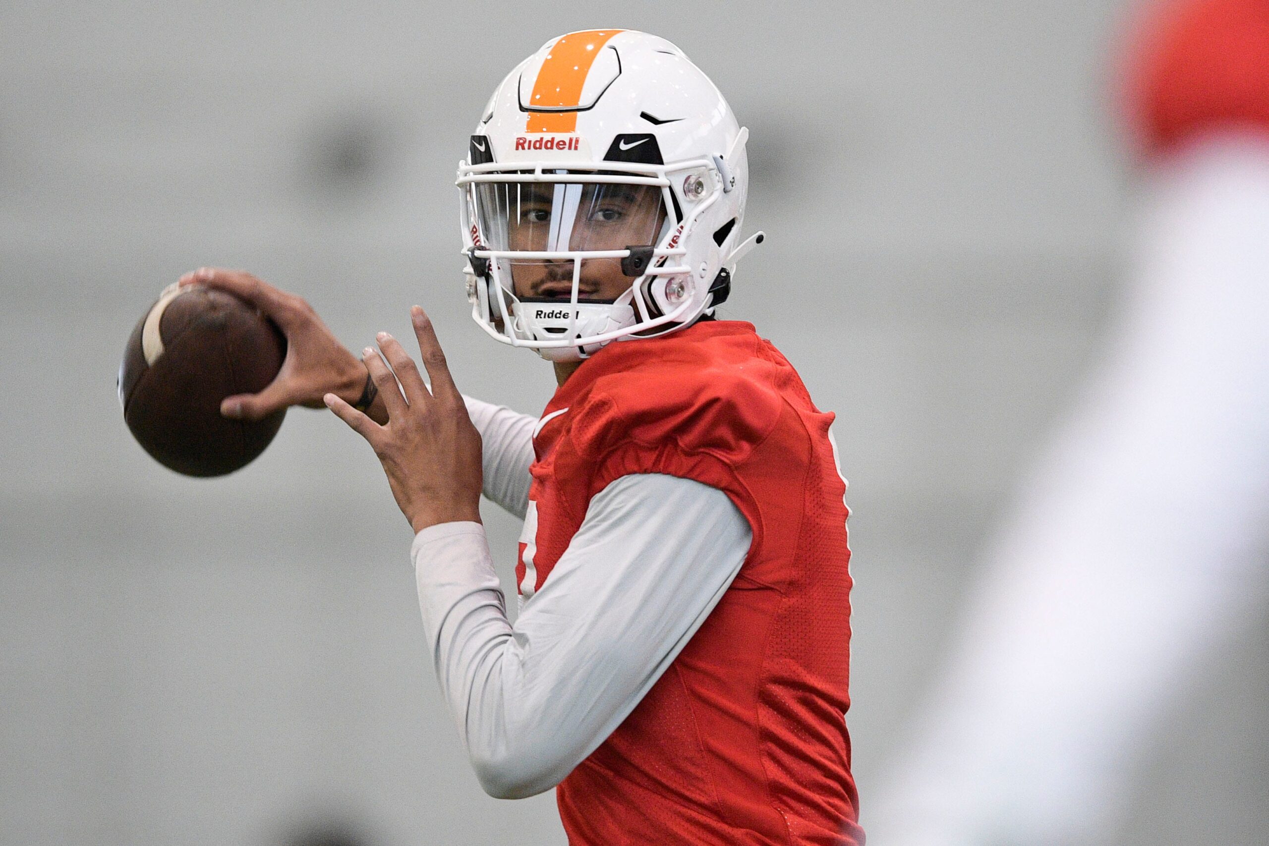 Tennessee quarterback Nico Iamaleava (8) throws a pass during Tennessee football practice at Haslam Field in Knoxville, Tenn., on Saturday, Dec. 17, 2022. The Vols are preparing to play in the Orange Bowl against Clemson on Dec. 30.