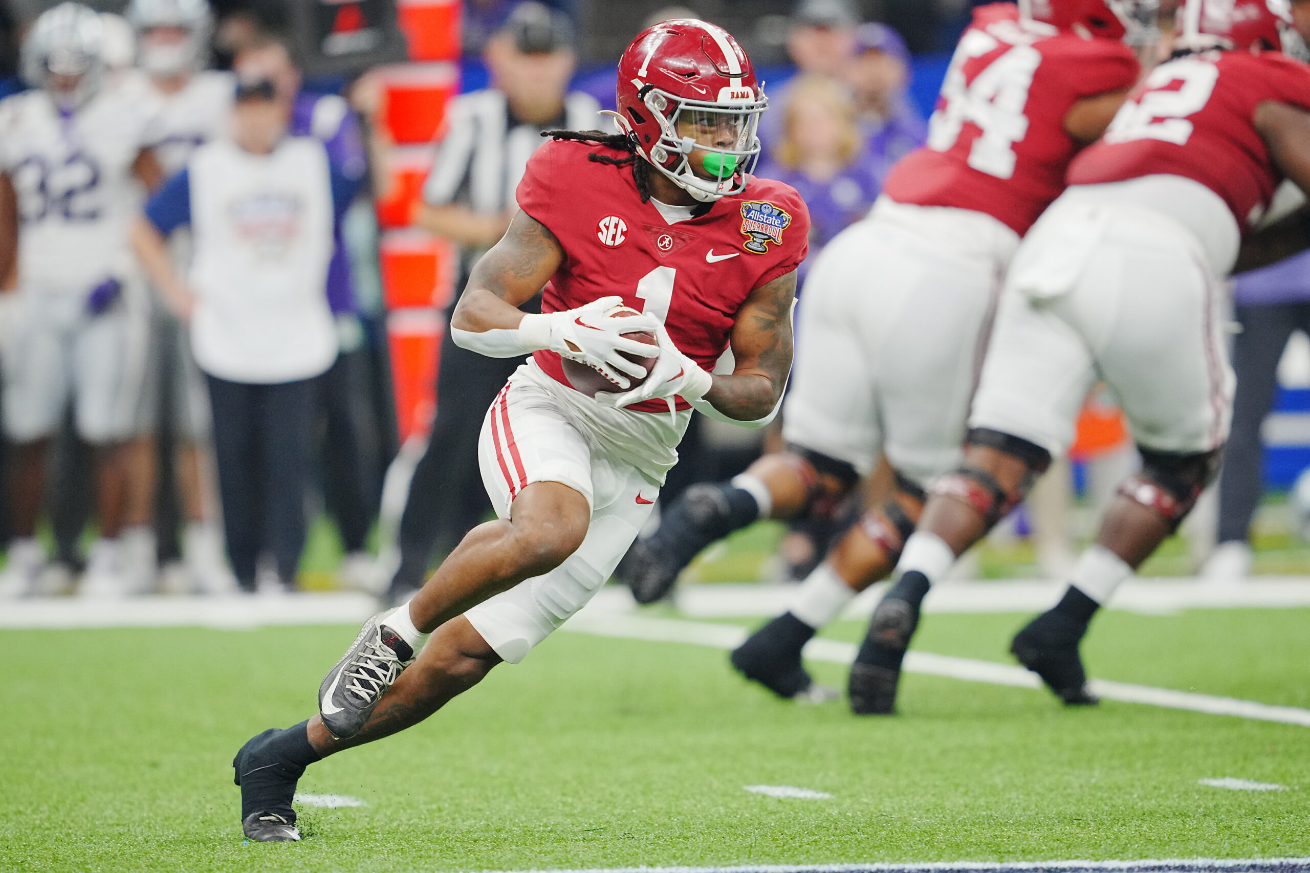 Dec 31, 2022; New Orleans, LA, USA; Alabama Crimson Tide running back Jahmyr Gibbs (1) runs the ball against the Kansas State Wildcats during the first half in the 2022 Sugar Bowl at Caesars Superdome.