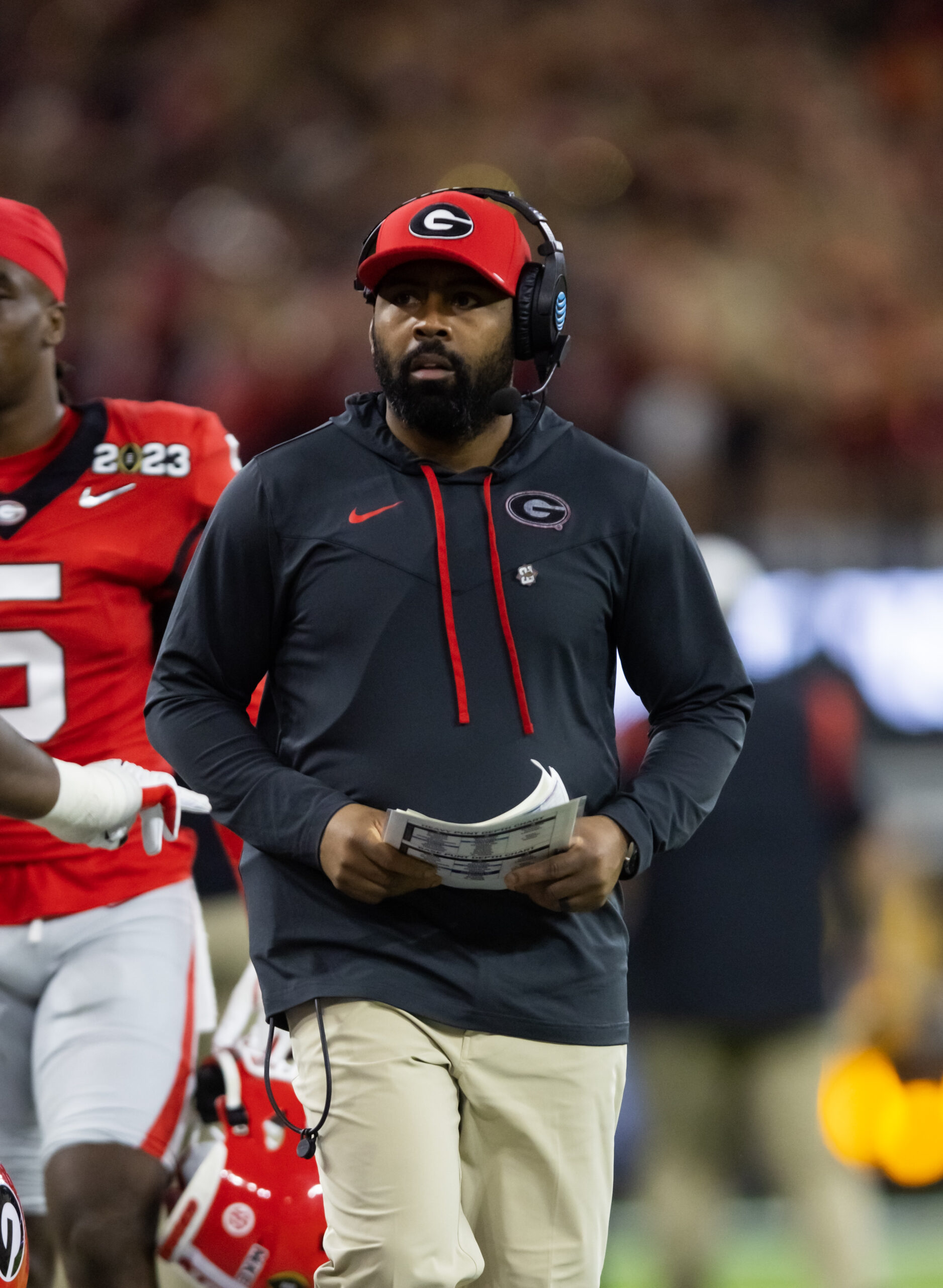Jan 9, 2023; Inglewood, CA, USA; Georgia Bulldogs defensive backs coach Fran Brown against the TCU Horned Frogs during the CFP national championship game at SoFi Stadium.