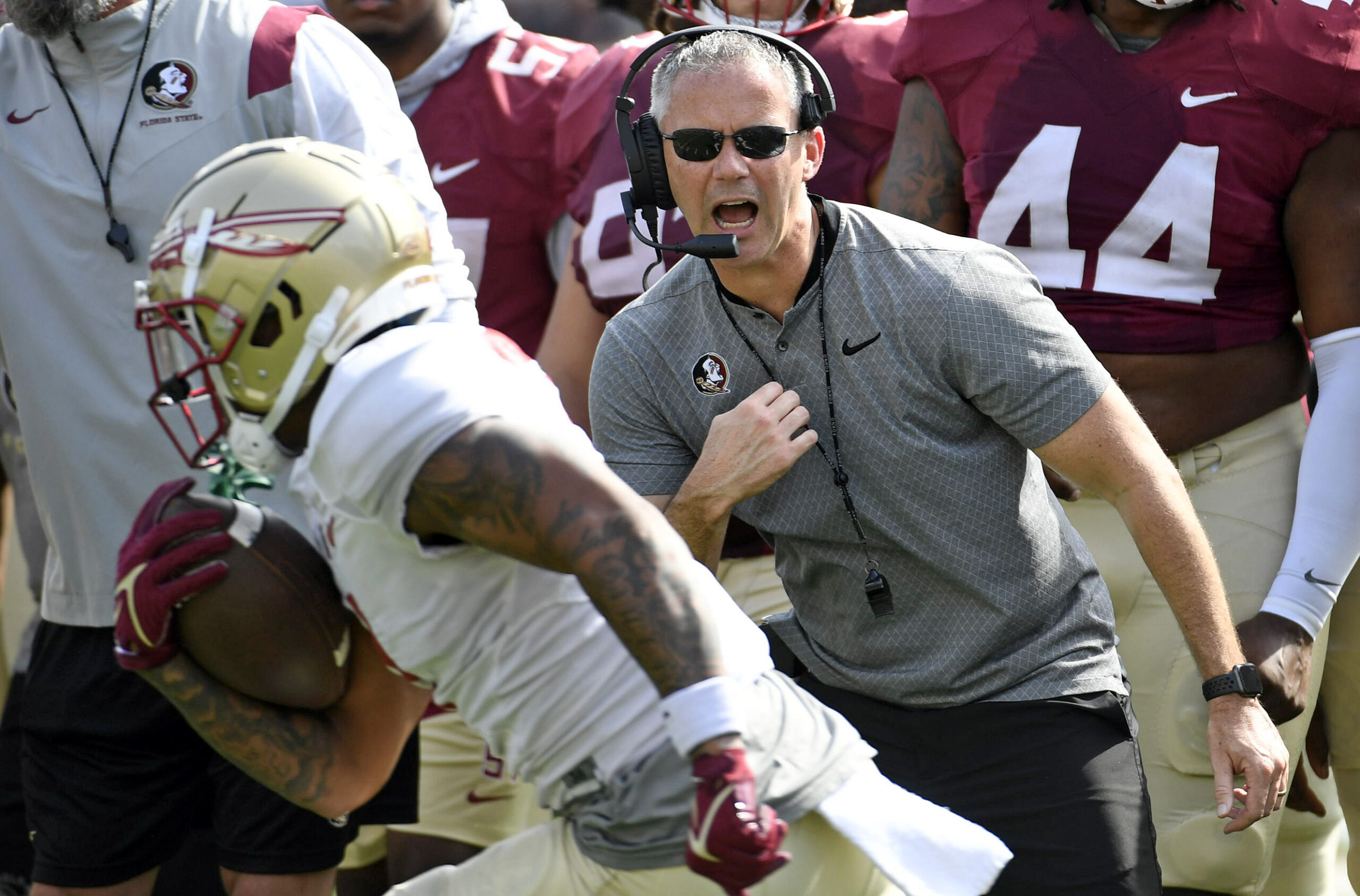 Apr 15, 2023; Tallahassee, FL, USA; Florida State Seminoles head coach Mike Norvell reacts during the spring game at Doak Campbell Stadium.