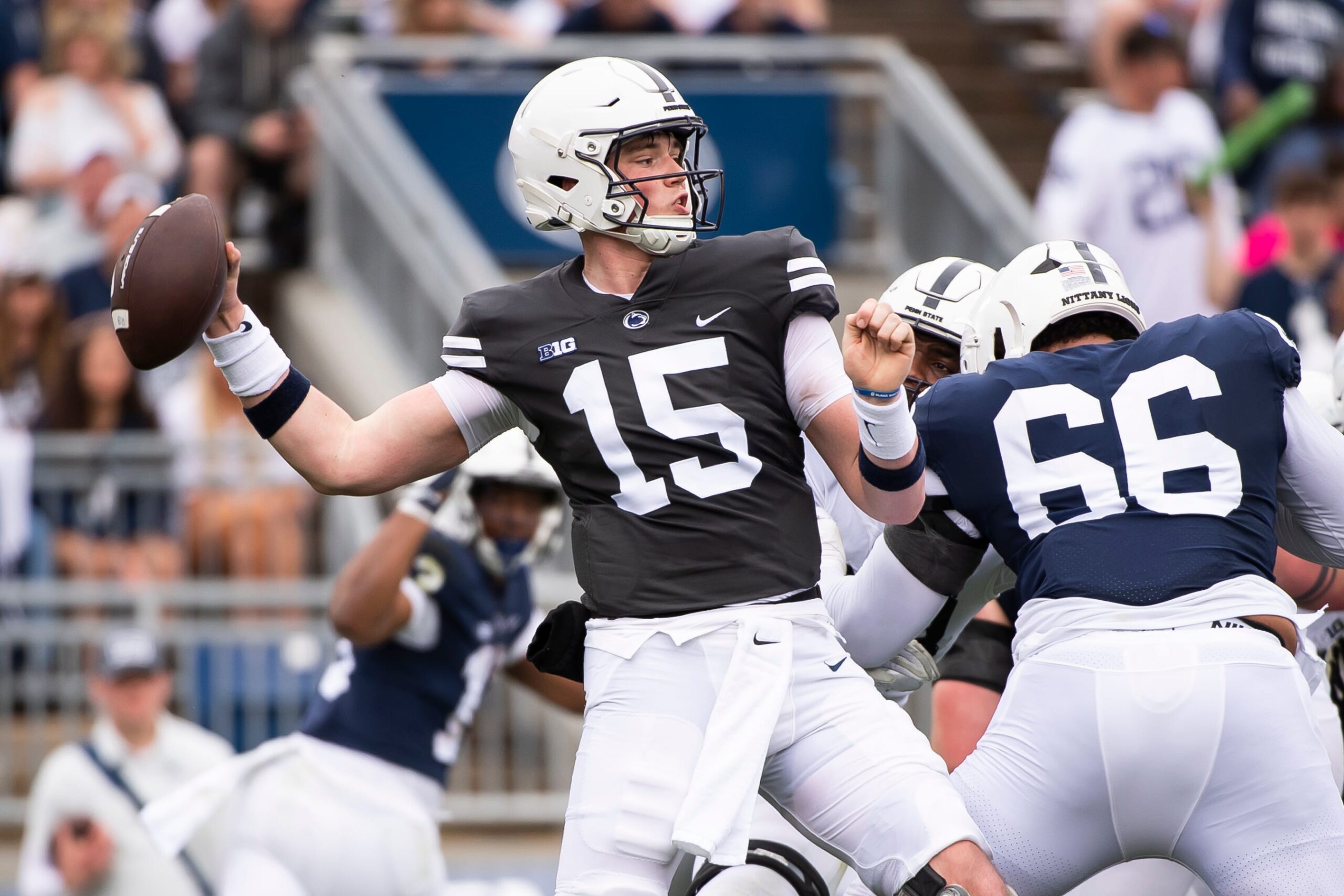 Penn State quarterback Drew Allar (15) prepares to throw the ball during the Blue-White game at Beaver Stadium on Saturday, April 15, 2023,