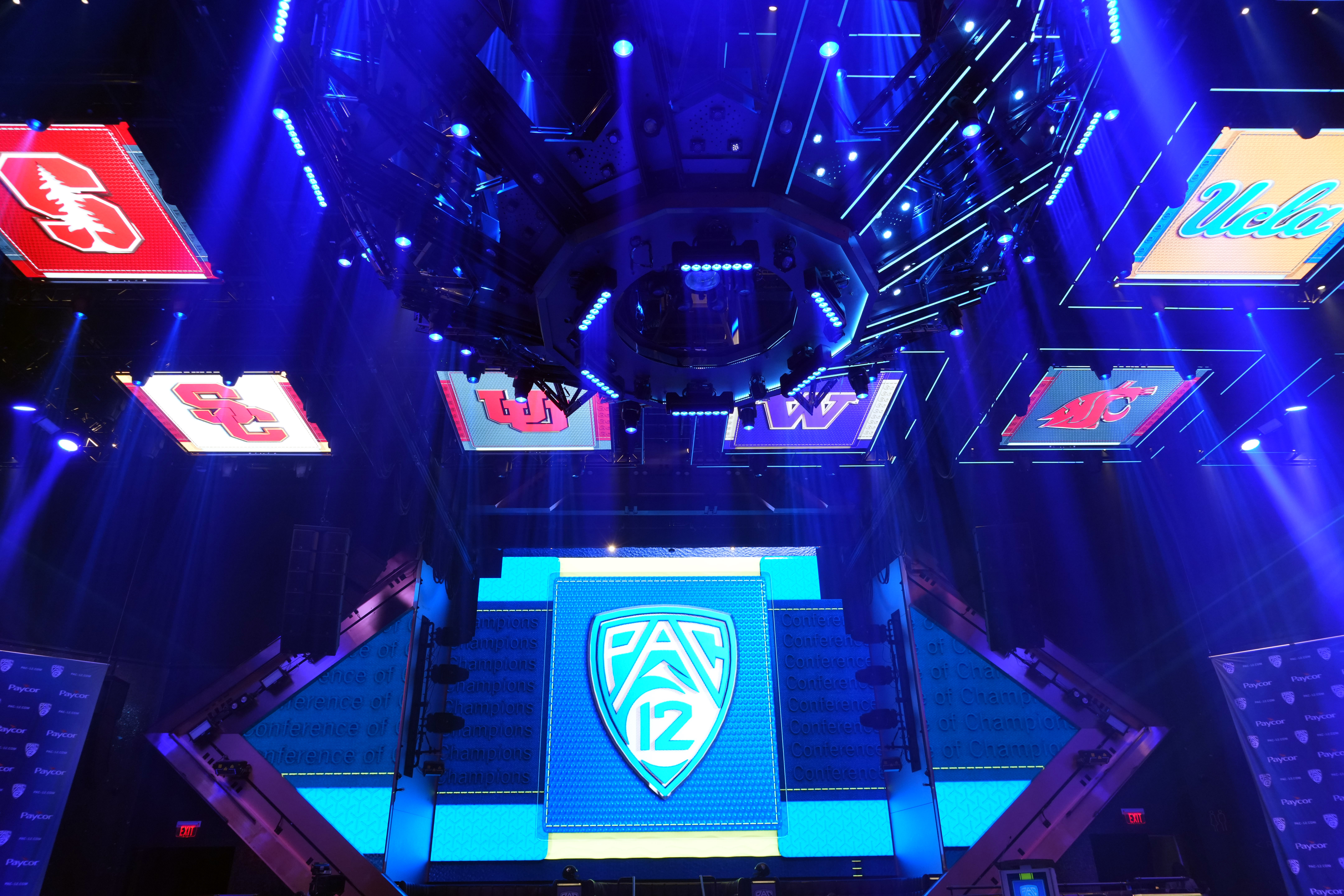 Jul 21, 2023; Las Vegas, NV, USA; The Pac-12 Conference logo during Pac-12 Media Day at Resorts World Las Vegas.