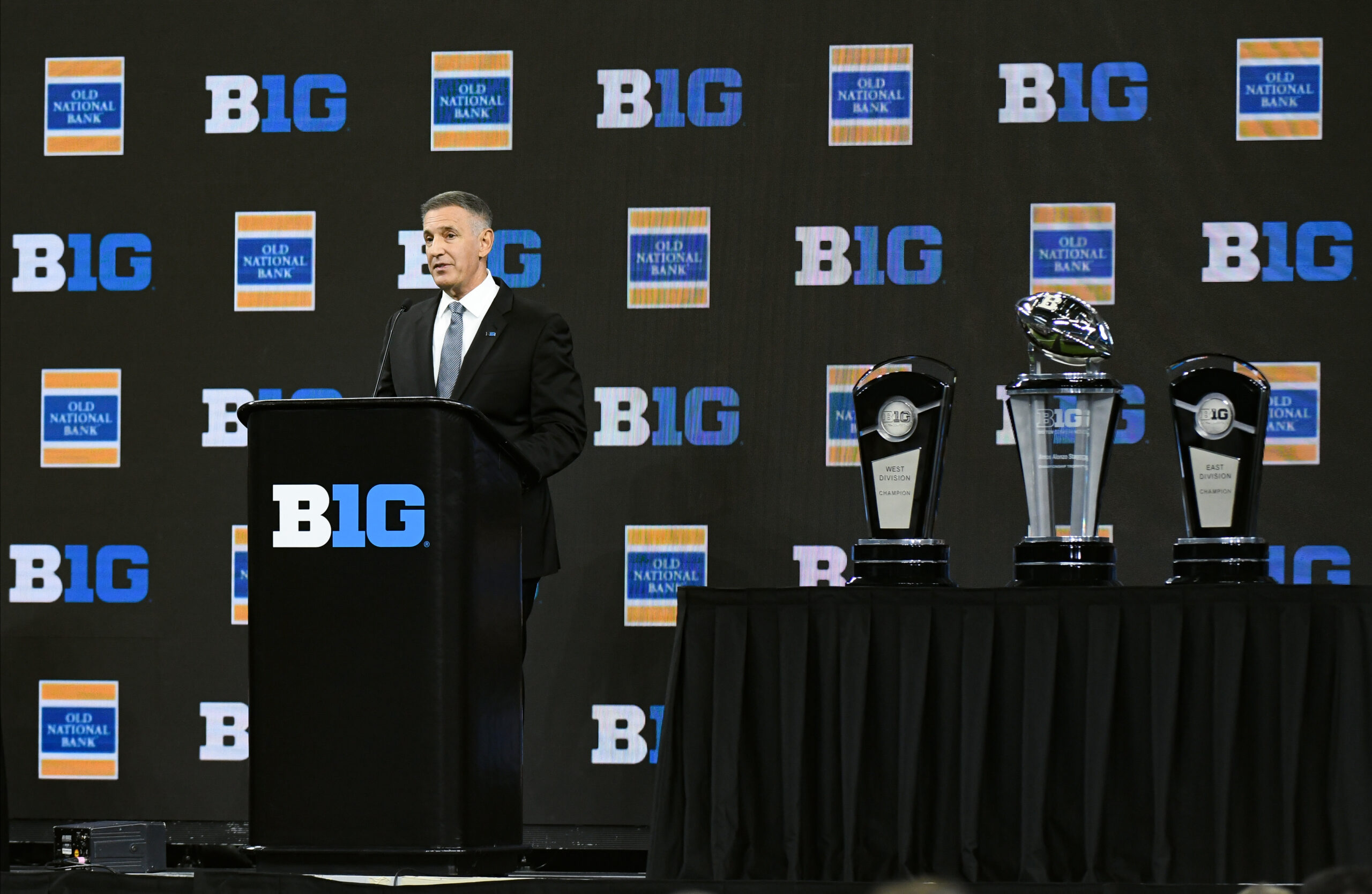 Jul 26, 2023; Indianapolis, IN, USA; Big Ten commissioner Tony Petitti speaks to the media during Big 10 football media days at Lucas Oil Stadium.