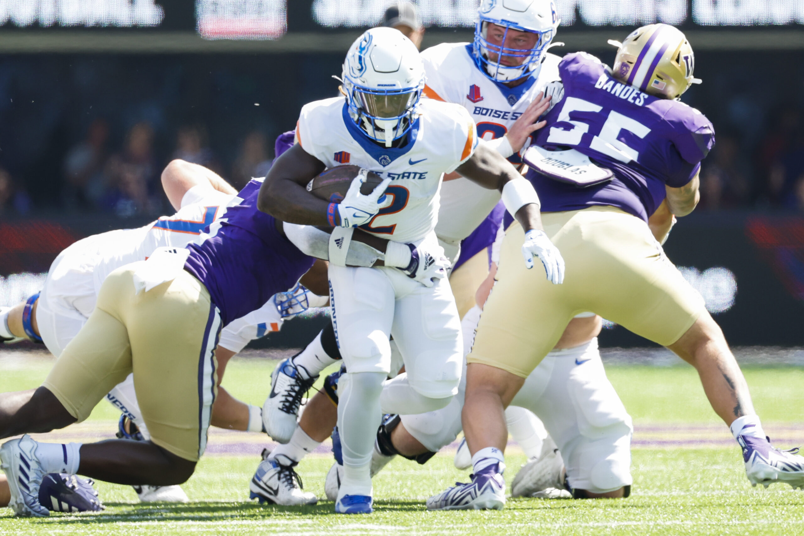 Sep 2, 2023; Seattle, Washington, USA; Boise State Broncos running back Ashton Jeanty (2) rushes against the Washington Huskies during the first quarter at Alaska Airlines Field at Husky Stadium.