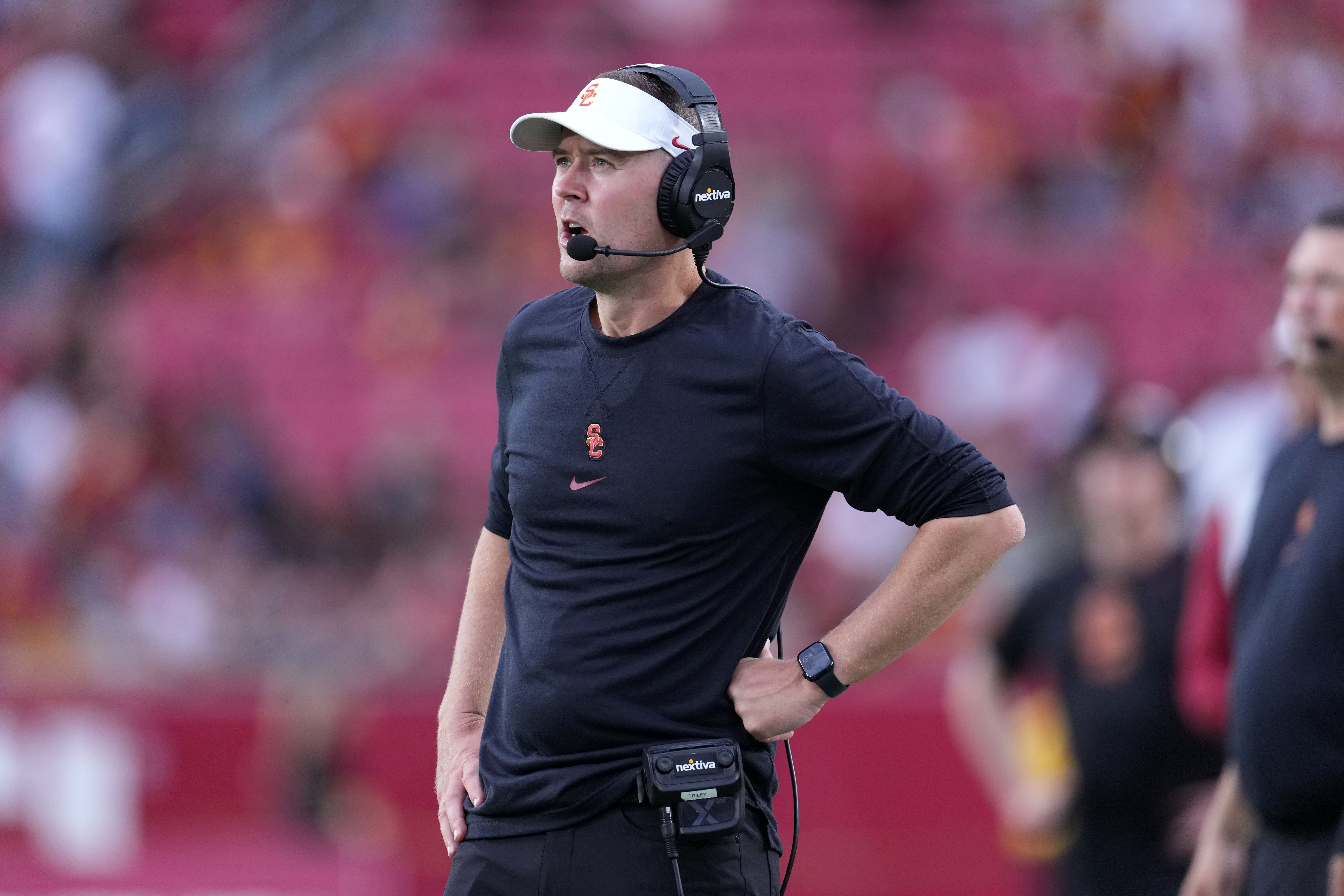 Sep 2, 2023; Los Angeles, California, USA; Southern California Trojans head coach Lincoln Riley reacts against the Nevada Wolf Pack in the second half at United Airlines Field at Los Angeles Memorial Coliseum.