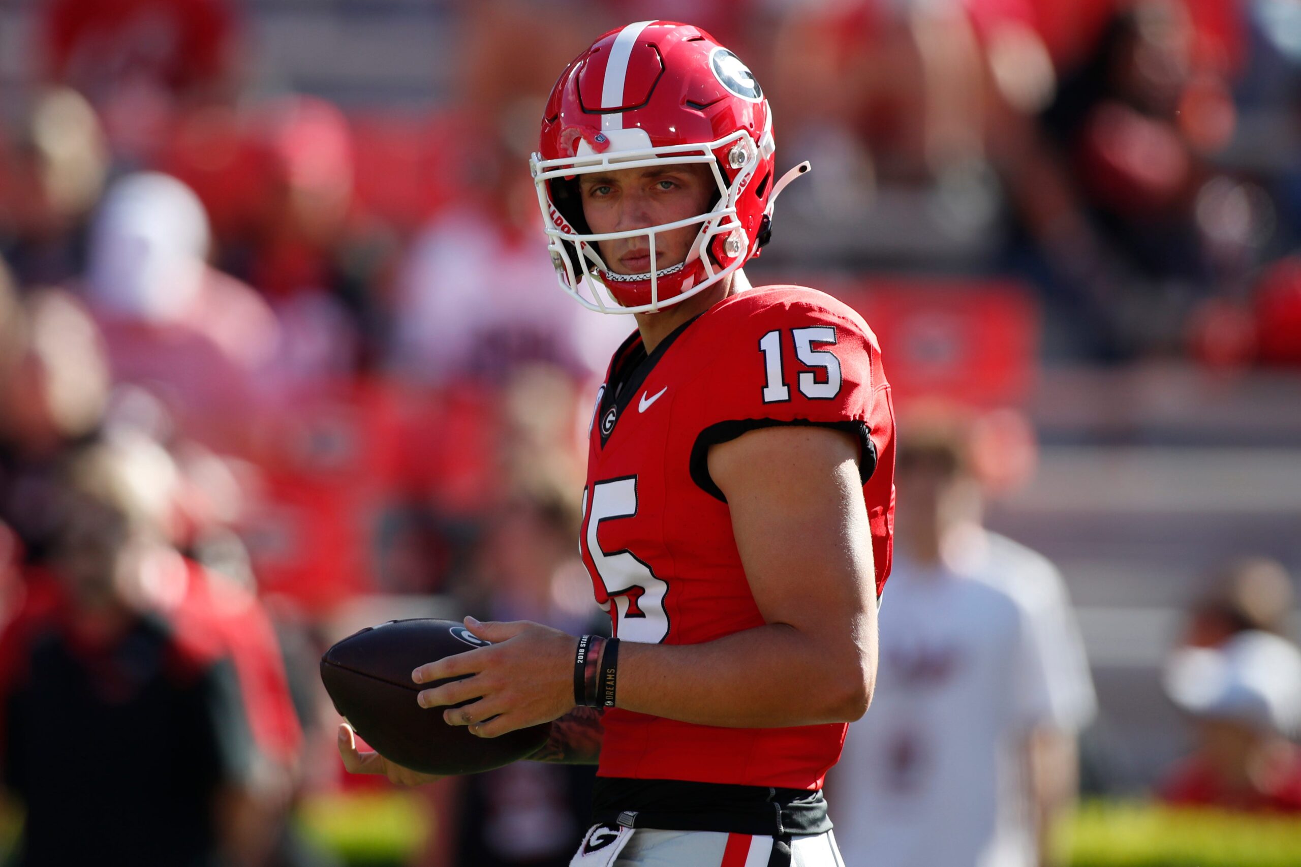 Georgia quarterback Carson Beck (15) warms up before the start of a NCAA college football game against Tennessee Martin in Athens, Ga., on Saturday, Sept. 2, 2023.